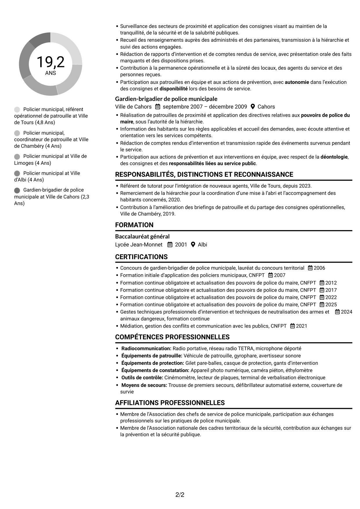 CV Compact (format sobre à deux colonnes avec photo) : Policier municipal - Prévention et tranquillité publiques, page 2