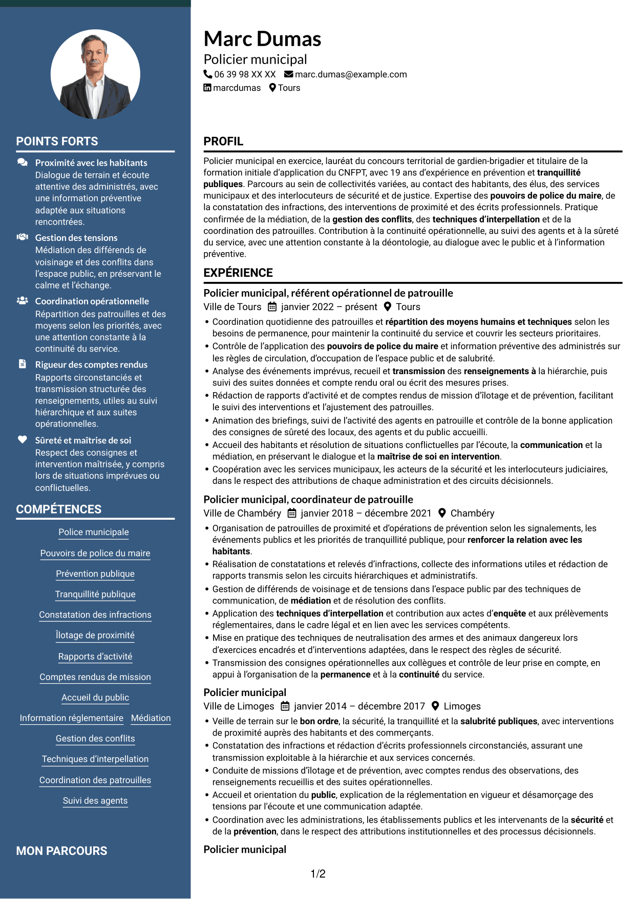 CV Élégant (format à colonne latérale colorée avec photo) : Policier municipal - Prévention et tranquillité publiques, page 1
