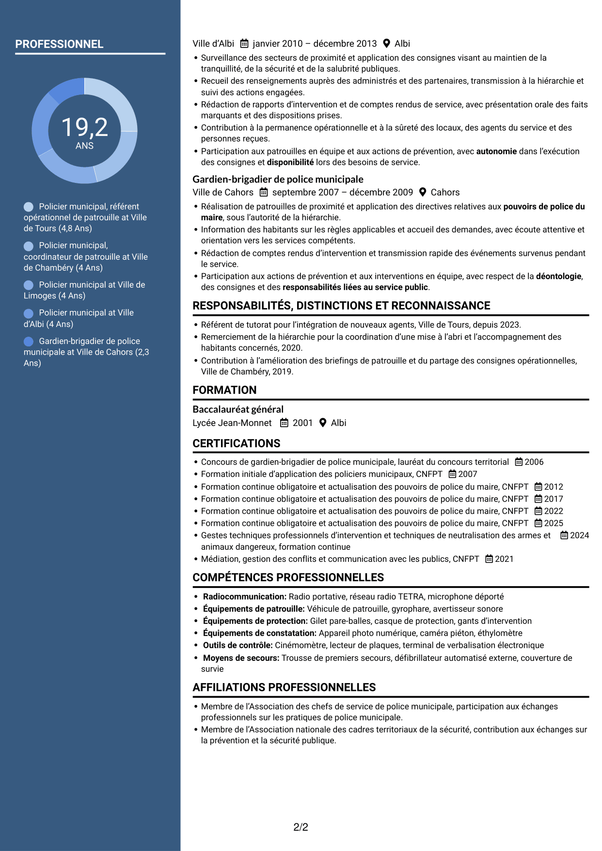 CV Élégant (format à colonne latérale colorée avec photo) : Policier municipal - Prévention et tranquillité publiques, page 2
