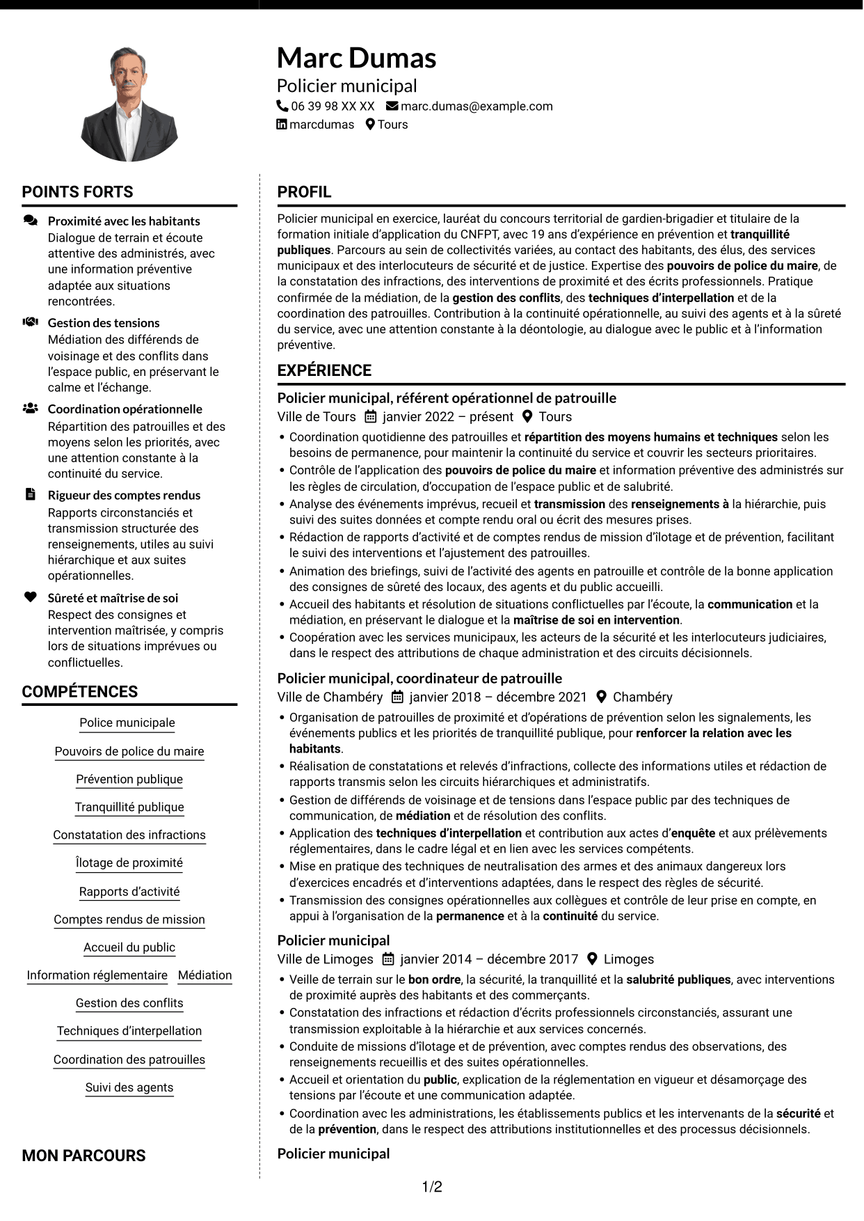CV Moderne (format à deux colonnes avec photo à gauche et séparateur) : Policier municipal - Prévention et tranquillité publiques, page 1