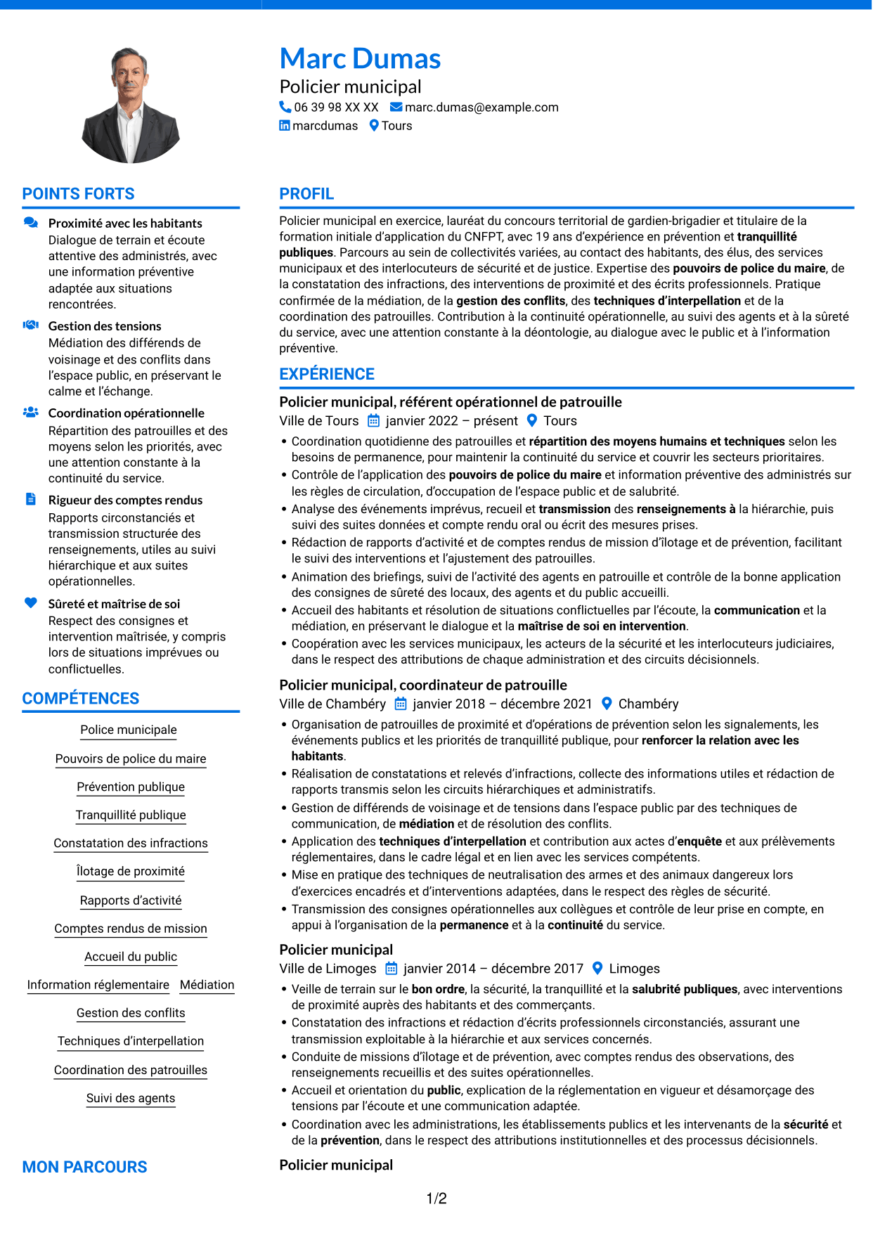 CV Audacieux (format à deux colonnes avec accents colorés et photo) : Policier municipal - Prévention et tranquillité publiques, page 1