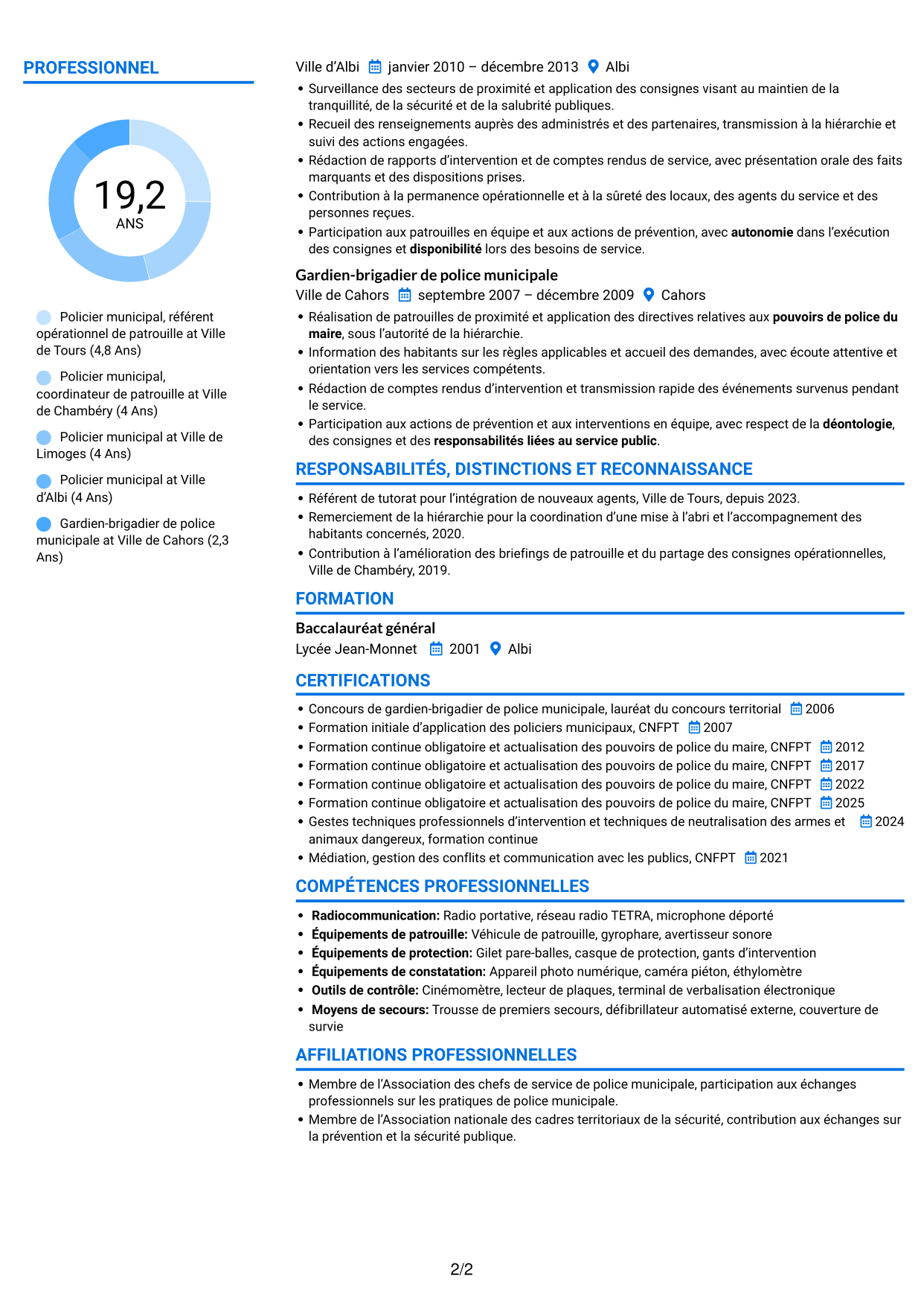 CV Audacieux (format à deux colonnes avec accents colorés et photo) : Policier municipal - Prévention et tranquillité publiques, page 2