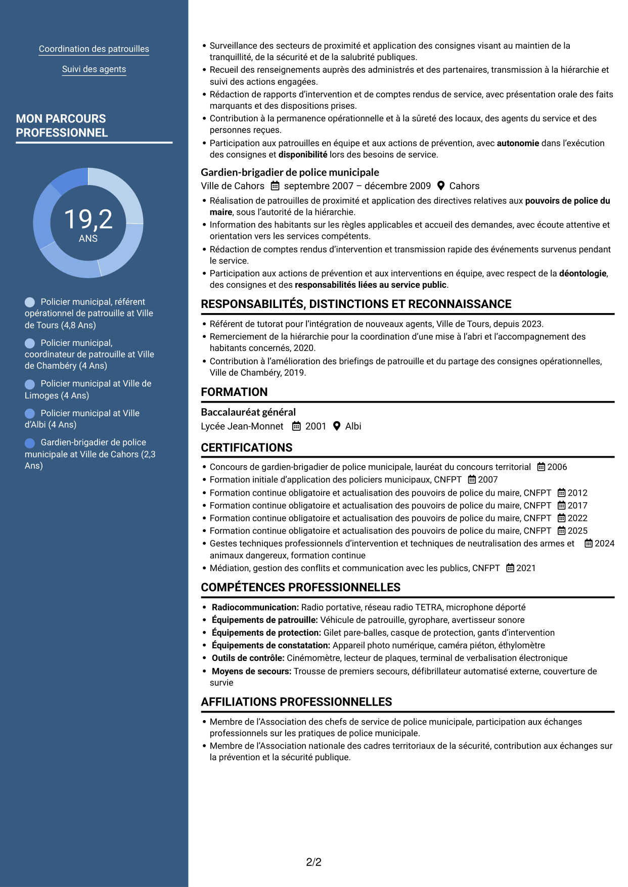 CV Signature (format à colonne latérale colorée avec grande photo) : Policier municipal - Prévention et tranquillité publiques, page 2