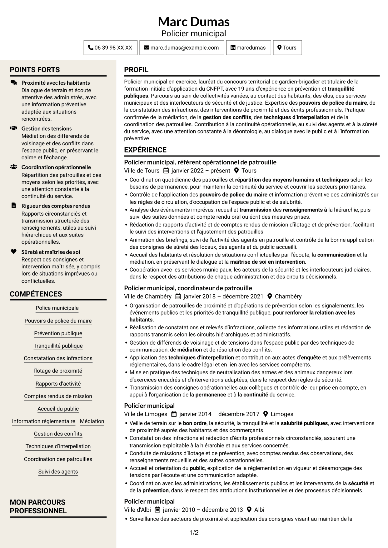 CV Fonceur (format à deux colonnes avec en-tête centré sans photo) : Policier municipal - Prévention et tranquillité publiques, page 1