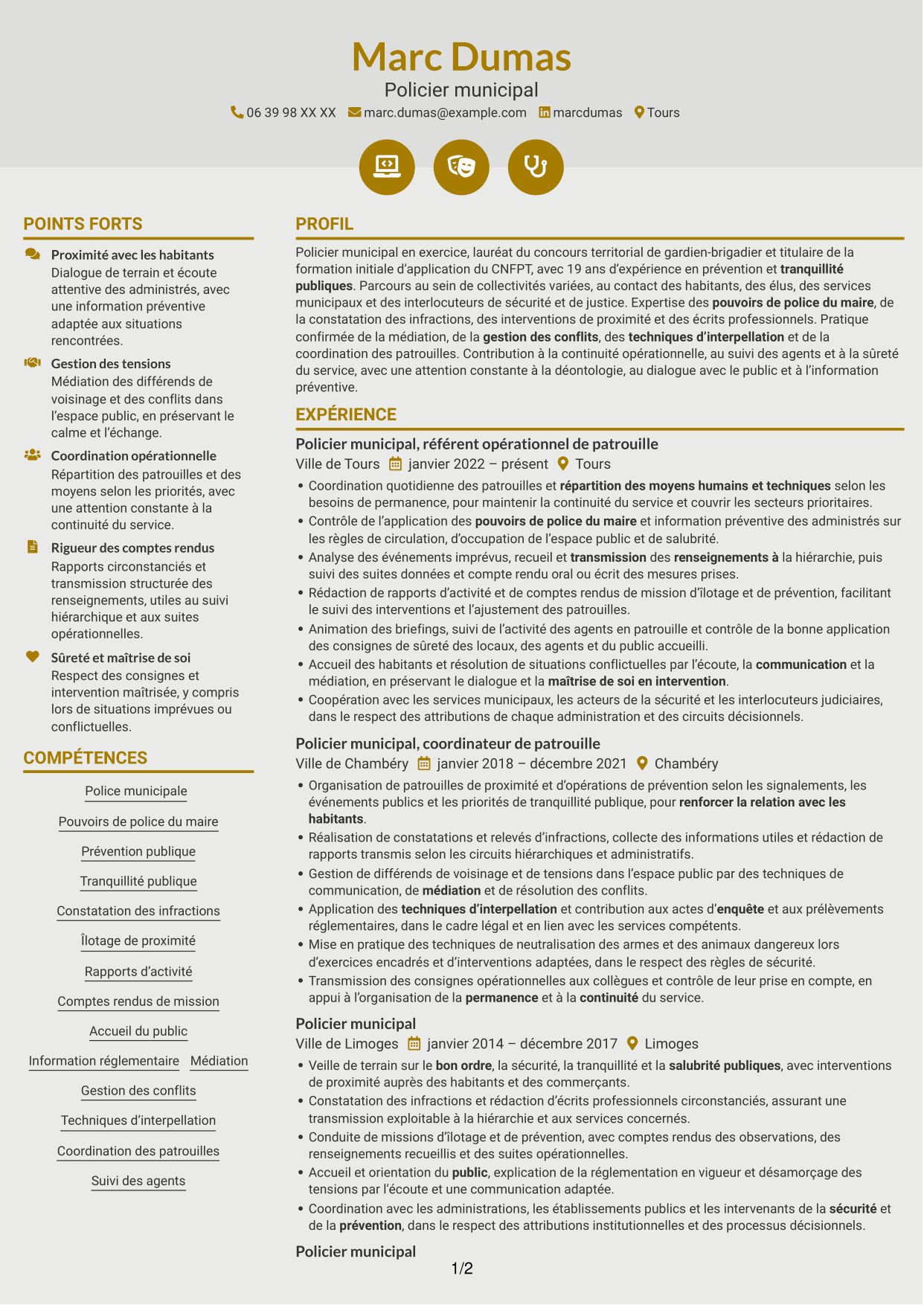 CV Dynamique (format à deux colonnes avec icônes) : Policier municipal - Prévention et tranquillité publiques, page 1