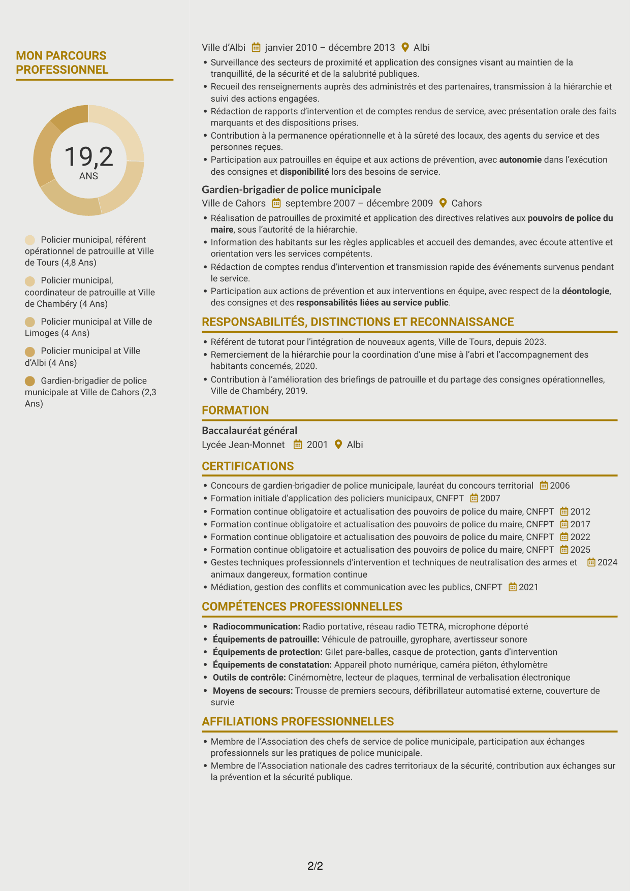 CV Dynamique (format à deux colonnes avec icônes) : Policier municipal - Prévention et tranquillité publiques, page 2