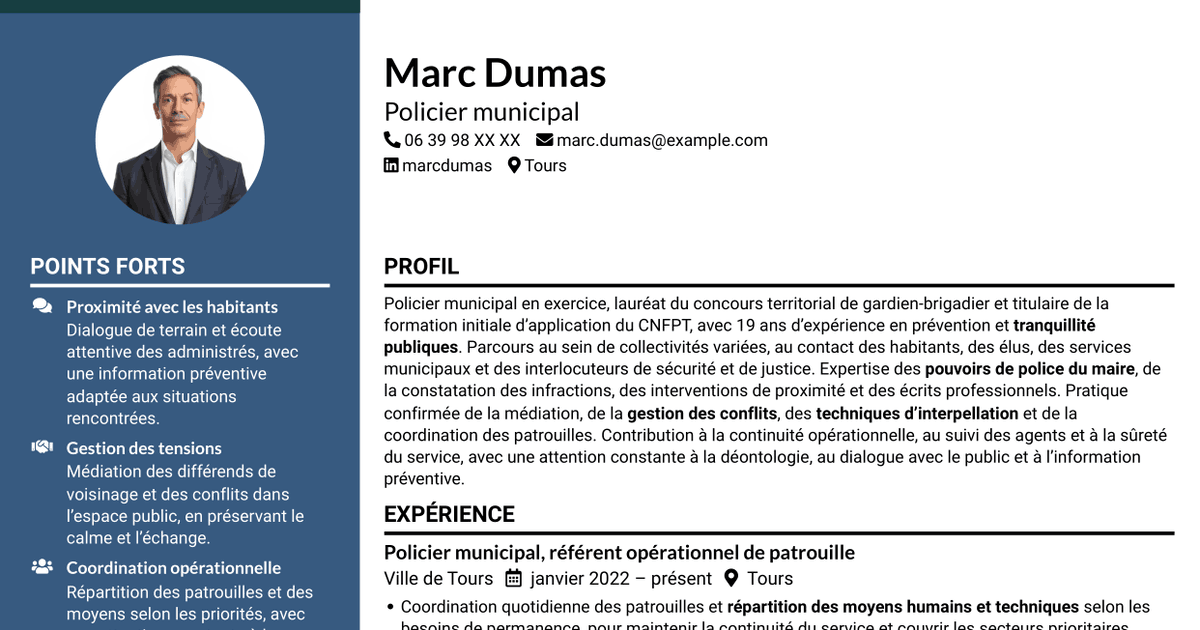 7 modèles de CV pour Policier municipal - Prévention et tranquillité publiques, avec exemples