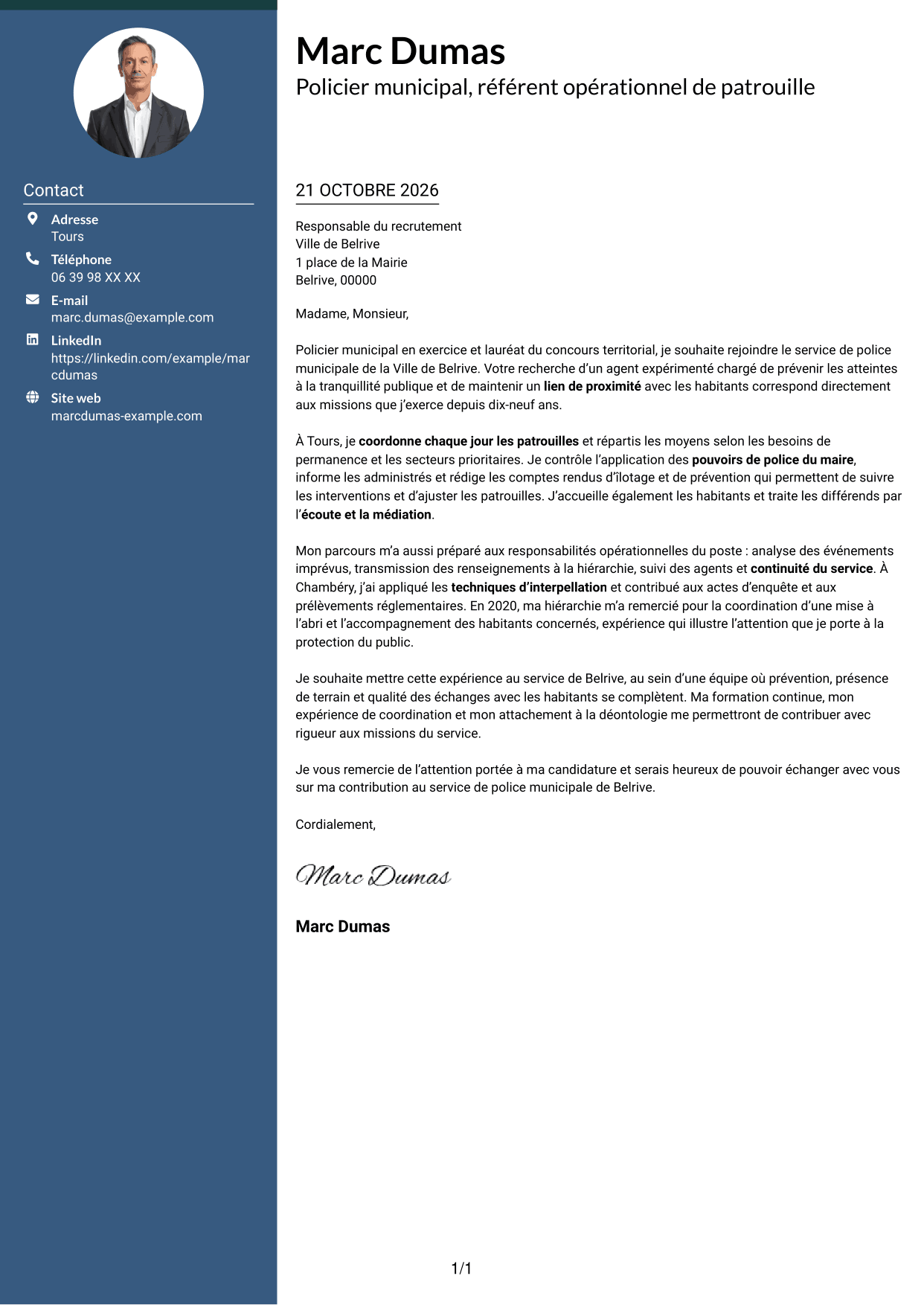Lettre de motivation Élégant (format à colonne latérale colorée avec photo) : Policier municipal - Prévention et tranquillité publiques, page 1