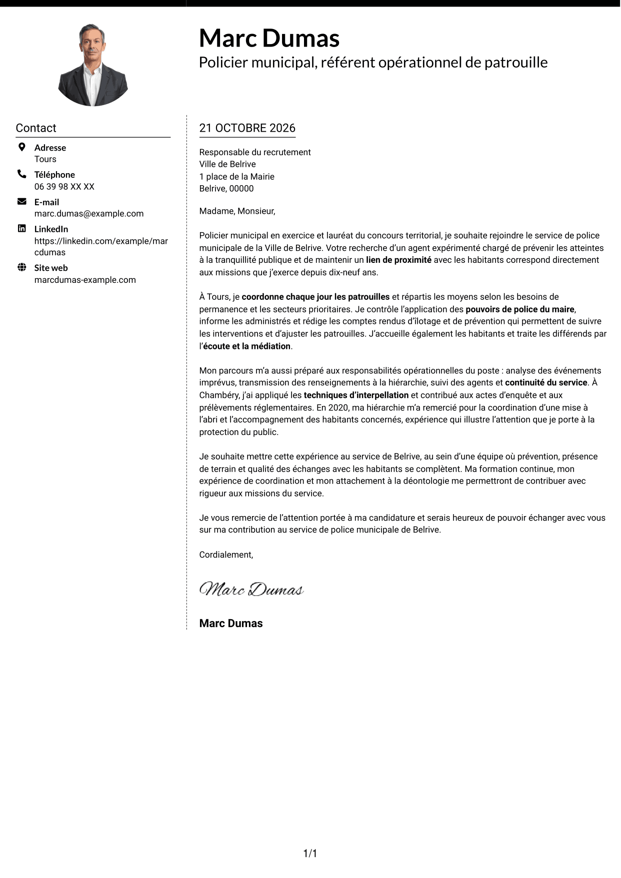 Lettre de motivation Moderne (format à deux colonnes avec photo à gauche et séparateur) : Policier municipal - Prévention et tranquillité publiques, page 1