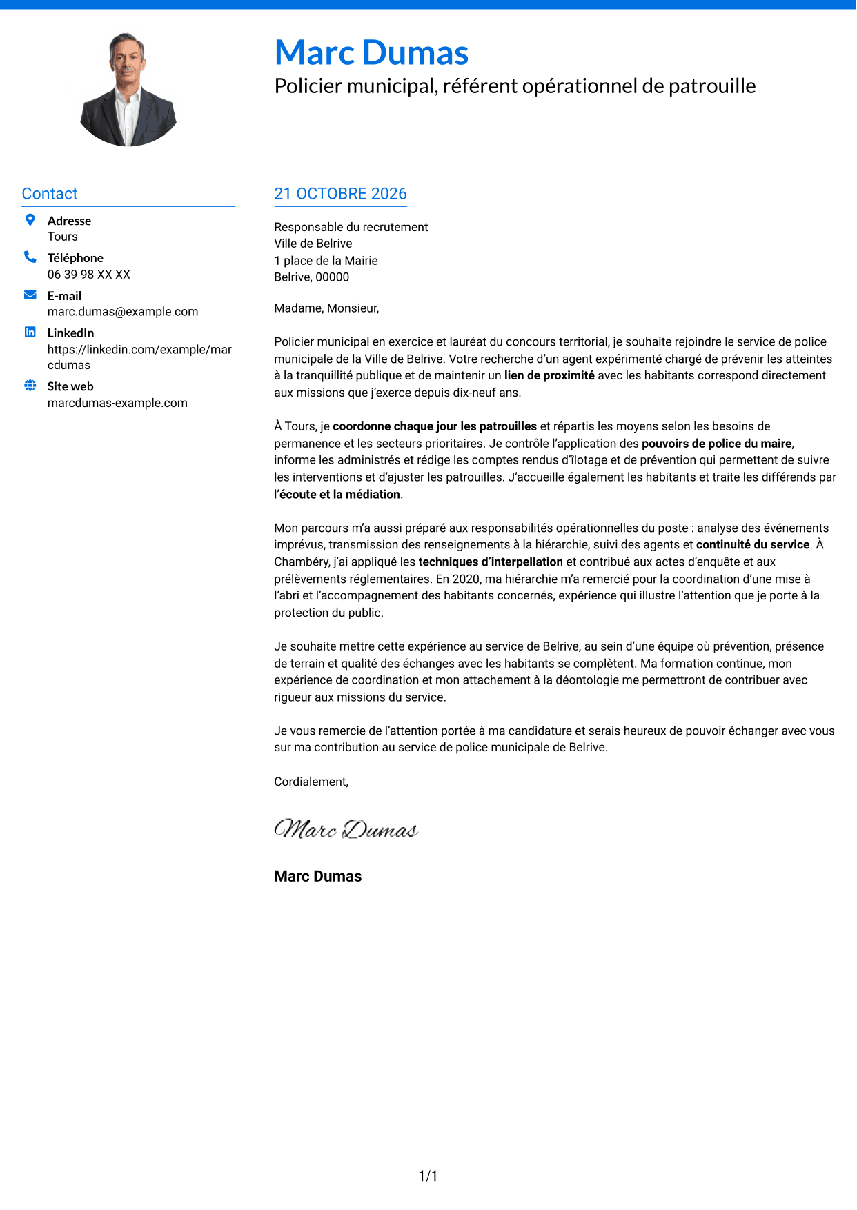 Lettre de motivation Audacieux (format à deux colonnes avec accents colorés et photo) : Policier municipal - Prévention et tranquillité publiques, page 1
