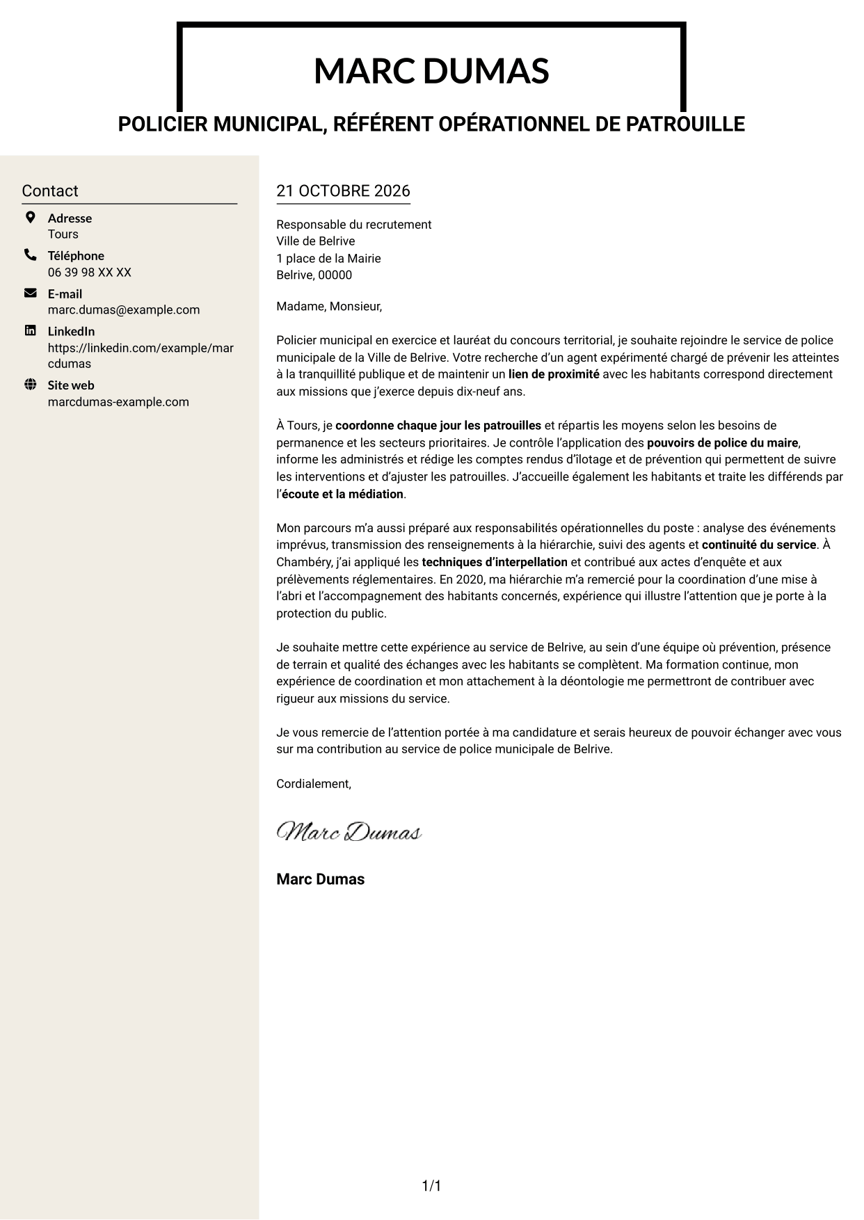 Lettre de motivation Fonceur (format à deux colonnes avec en-tête centré sans photo) : Policier municipal - Prévention et tranquillité publiques, page 1