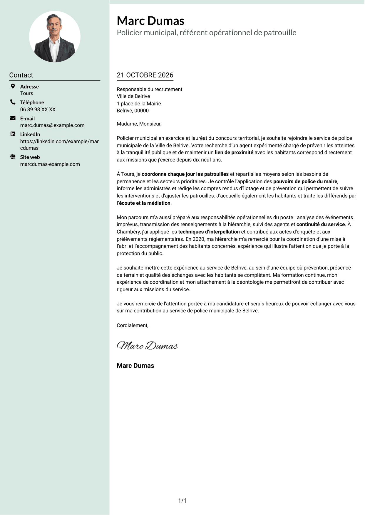 Lettre de motivation Cadre (format à colonne latérale douce avec photo arrondie) : Policier municipal - Prévention et tranquillité publiques, page 1