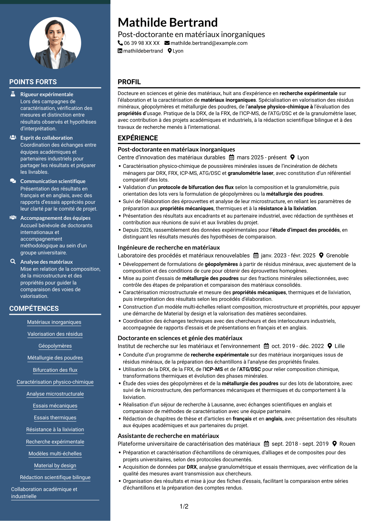 CV Élégant (format à colonne latérale colorée avec photo) : Post-doctorant en matériaux inorganiques - Valorisation des résidus d'incinération, page 1