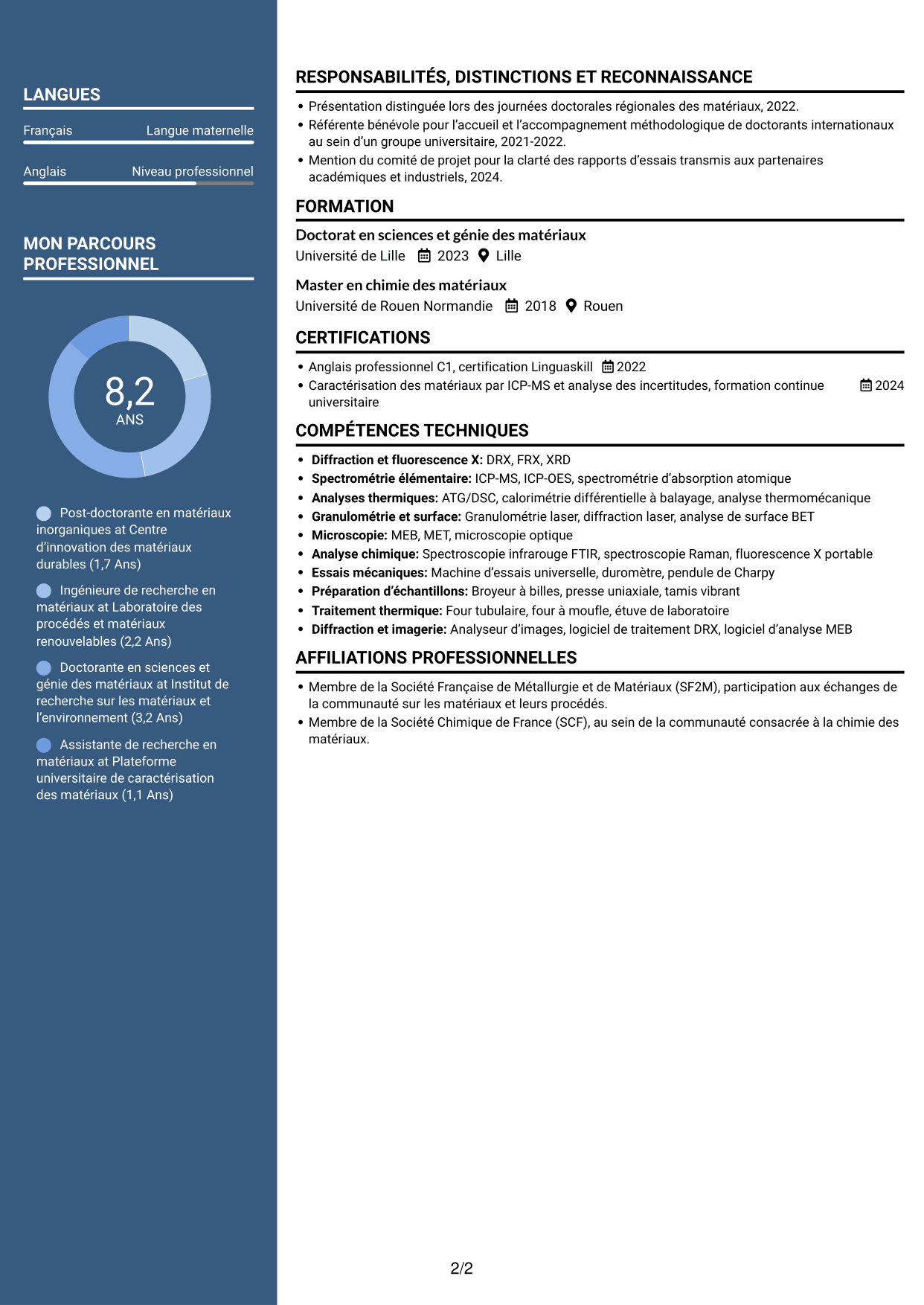CV Élégant (format à colonne latérale colorée avec photo) : Post-doctorant en matériaux inorganiques - Valorisation des résidus d'incinération, page 2
