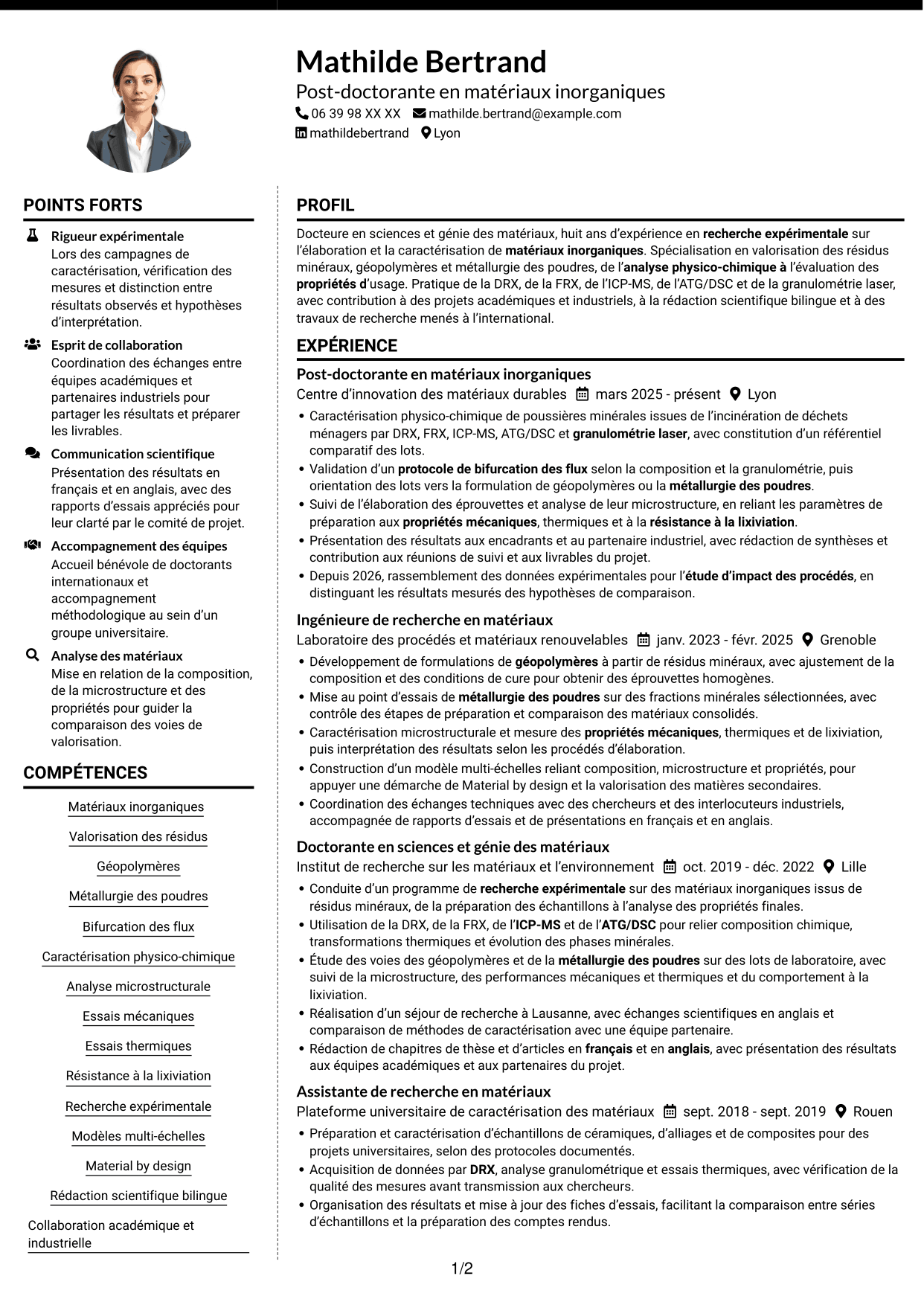 CV Moderne (format à deux colonnes avec photo à gauche et séparateur) : Post-doctorant en matériaux inorganiques - Valorisation des résidus d'incinération, page 1