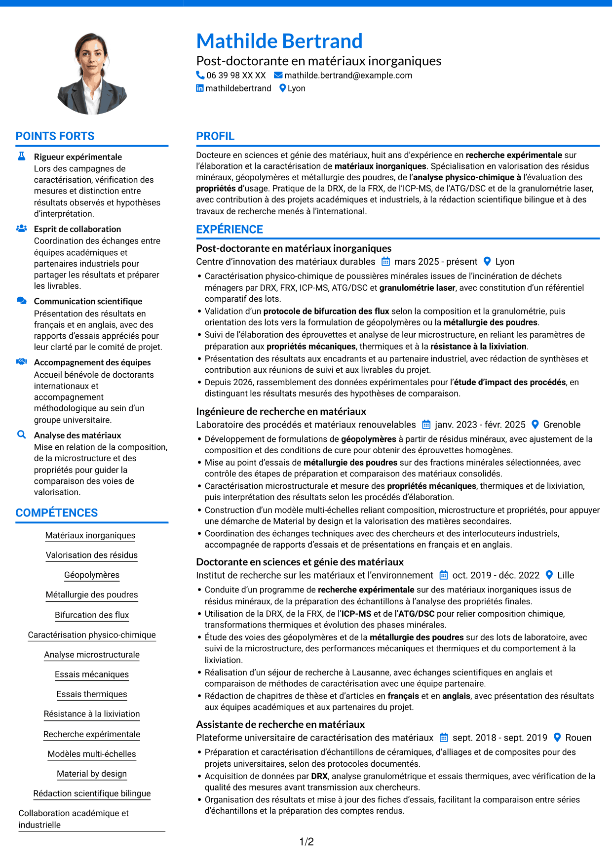 CV Audacieux (format à deux colonnes avec accents colorés et photo) : Post-doctorant en matériaux inorganiques - Valorisation des résidus d'incinération, page 1
