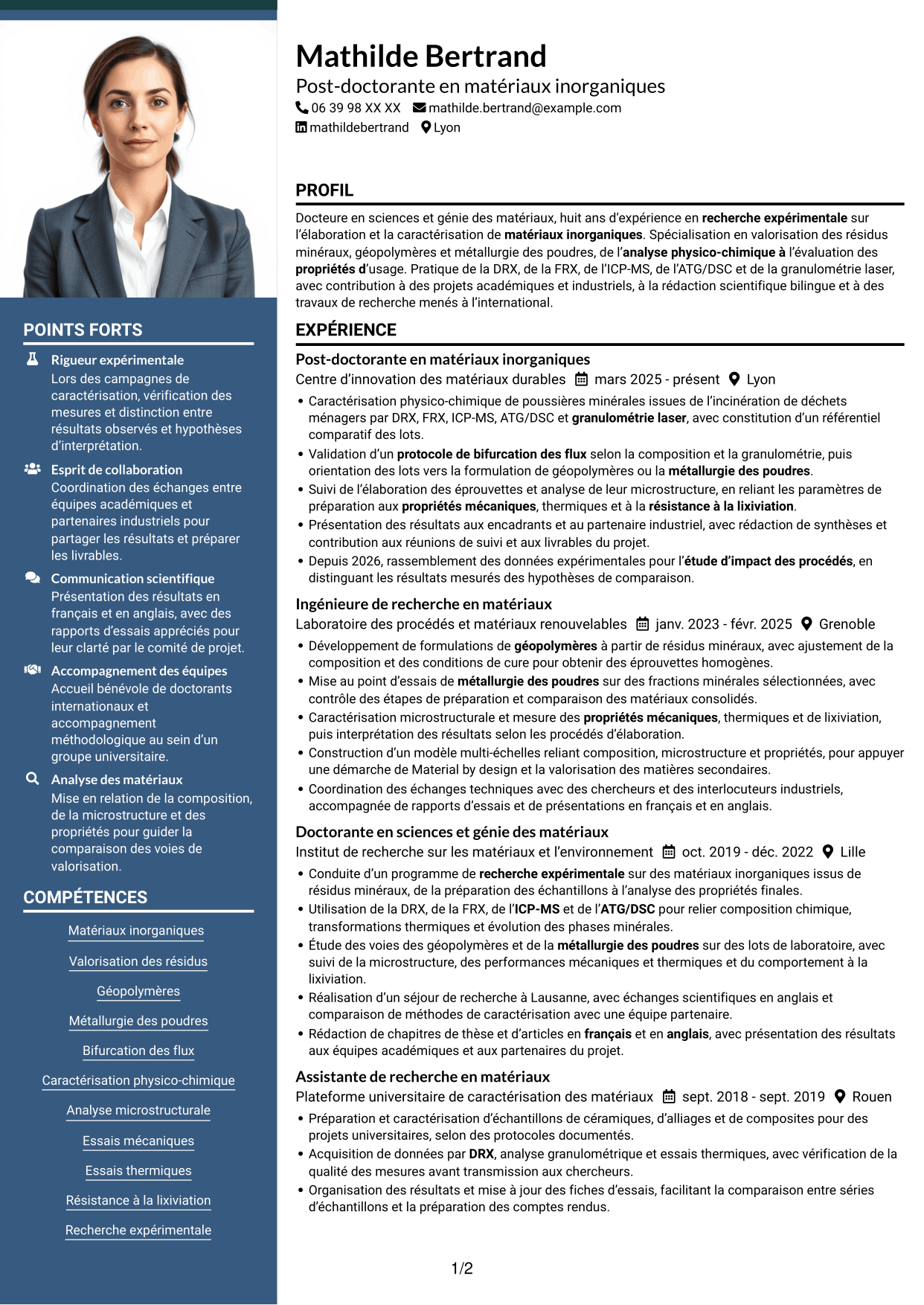 CV Signature (format à colonne latérale colorée avec grande photo) : Post-doctorant en matériaux inorganiques - Valorisation des résidus d'incinération, page 1