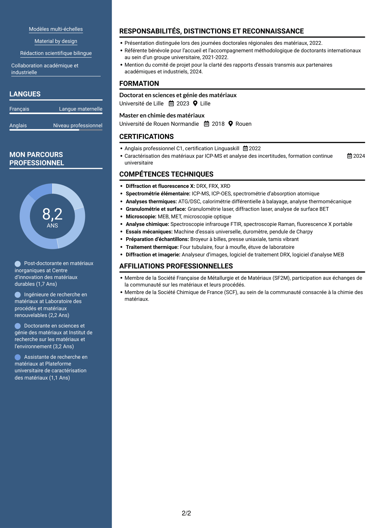 CV Signature (format à colonne latérale colorée avec grande photo) : Post-doctorant en matériaux inorganiques - Valorisation des résidus d'incinération, page 2