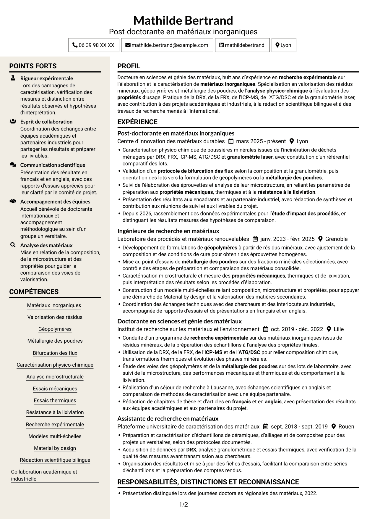 CV Fonceur (format à deux colonnes avec en-tête centré sans photo) : Post-doctorant en matériaux inorganiques - Valorisation des résidus d'incinération, page 1
