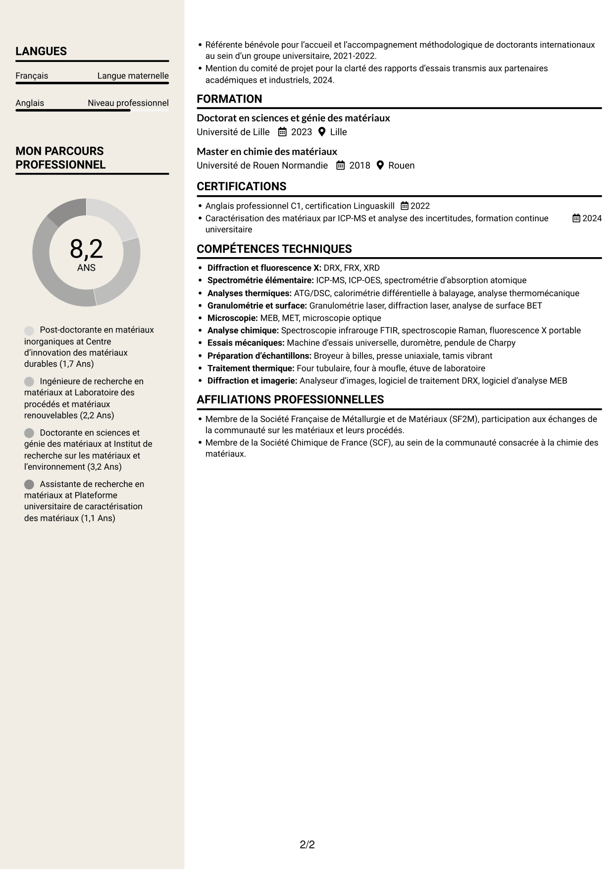 CV Fonceur (format à deux colonnes avec en-tête centré sans photo) : Post-doctorant en matériaux inorganiques - Valorisation des résidus d'incinération, page 2