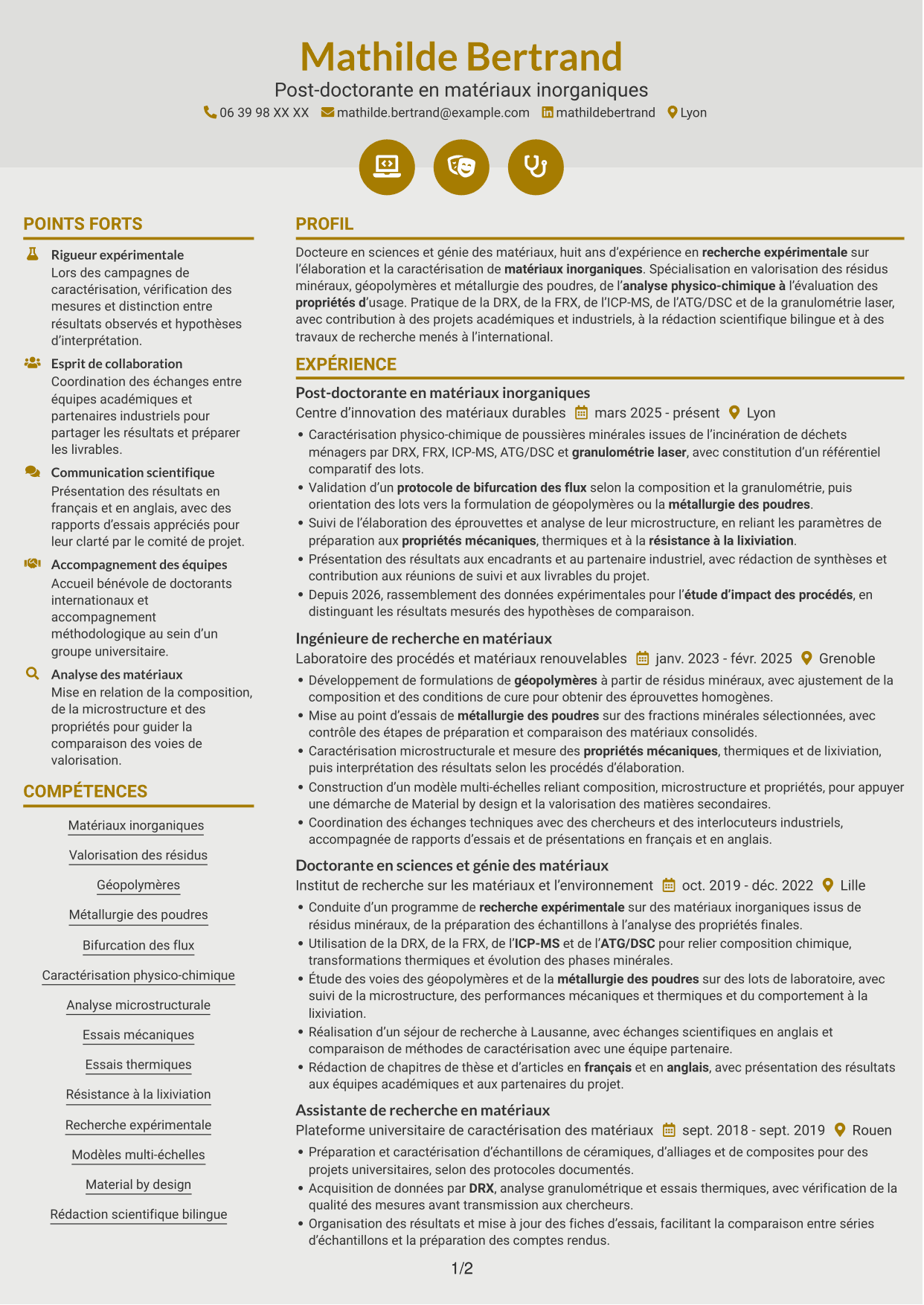 CV Dynamique (format à deux colonnes avec icônes) : Post-doctorant en matériaux inorganiques - Valorisation des résidus d'incinération, page 1