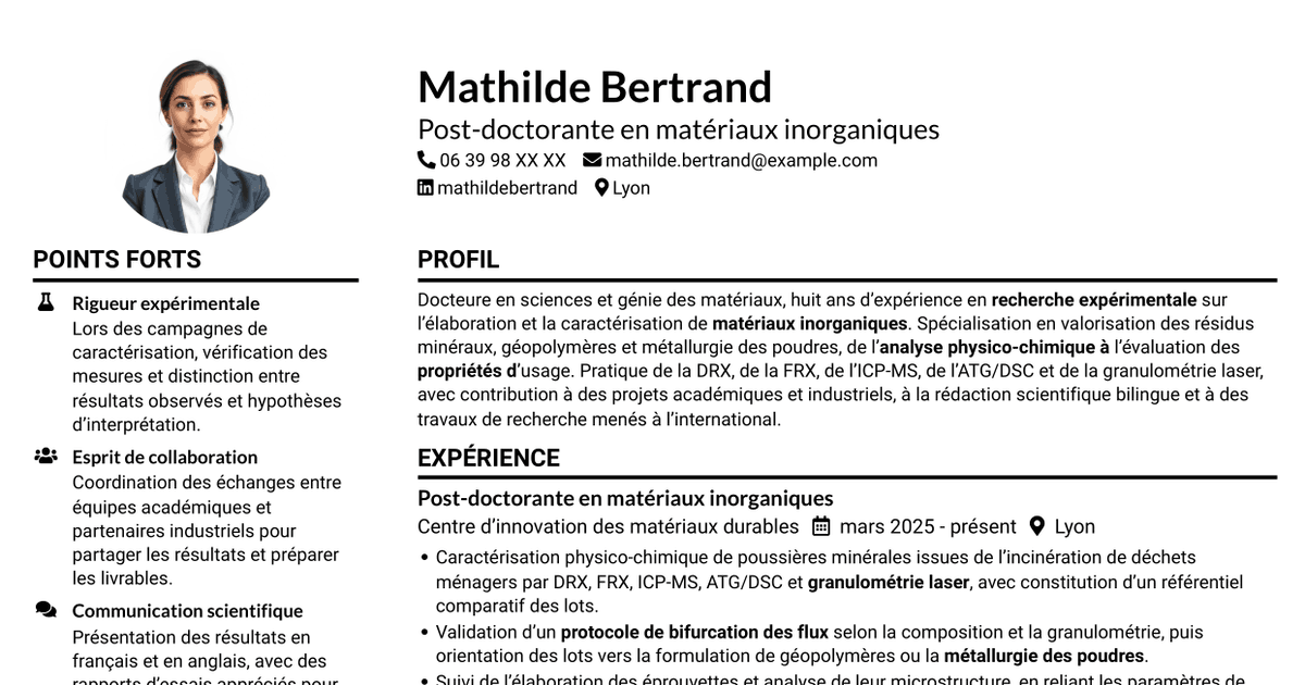 7 modèles de CV pour Post-doctorant en matériaux inorganiques - Valorisation des résidus d'incinération, avec exemples