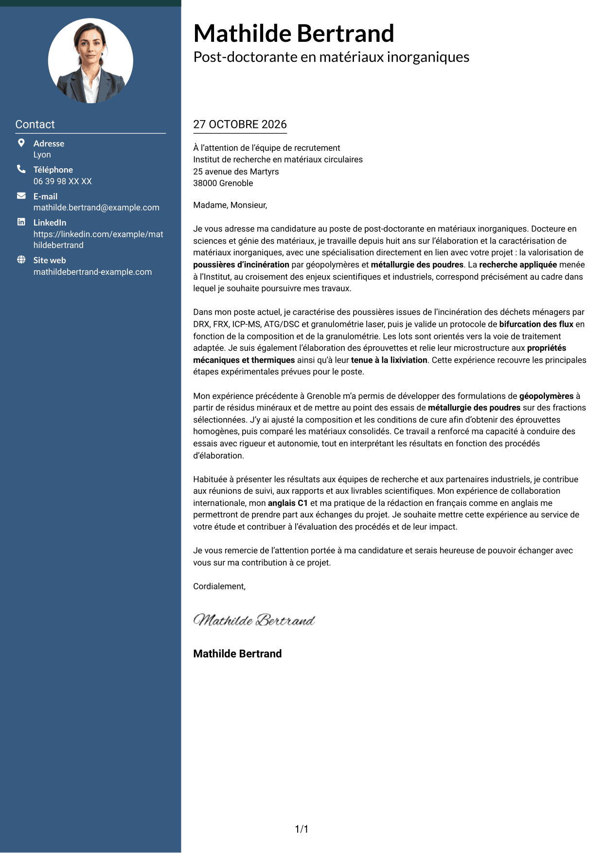 Lettre de motivation Élégant (format à colonne latérale colorée avec photo) : Post-doctorant en matériaux inorganiques - Valorisation des résidus d'incinération, page 1