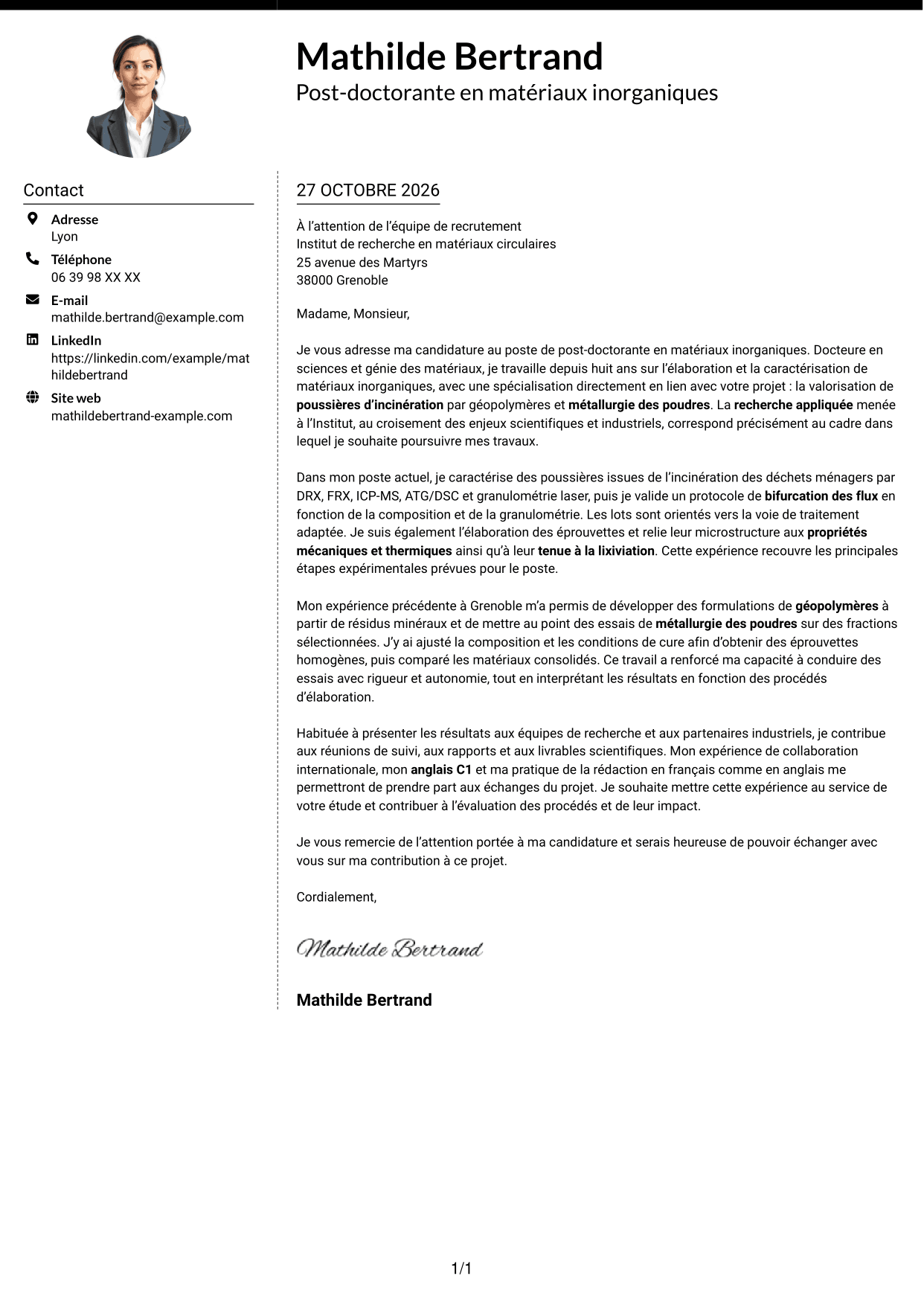 Lettre de motivation Moderne (format à deux colonnes avec photo à gauche et séparateur) : Post-doctorant en matériaux inorganiques - Valorisation des résidus d'incinération, page 1
