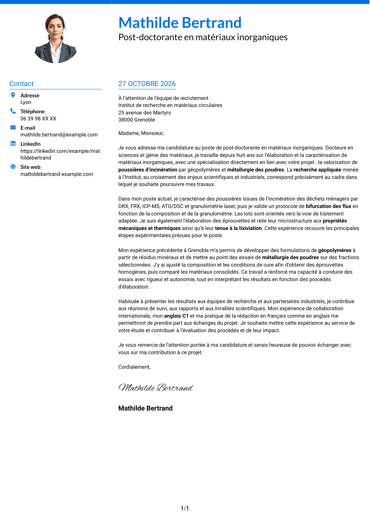Lettre de motivation Audacieux (format à deux colonnes avec accents colorés et photo) : Post-doctorant en matériaux inorganiques - Valorisation des résidus d'incinération, page 1
