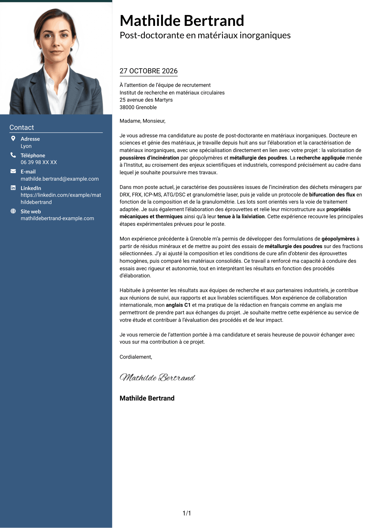 Lettre de motivation Signature (format à colonne latérale colorée avec grande photo) : Post-doctorant en matériaux inorganiques - Valorisation des résidus d'incinération, page 1