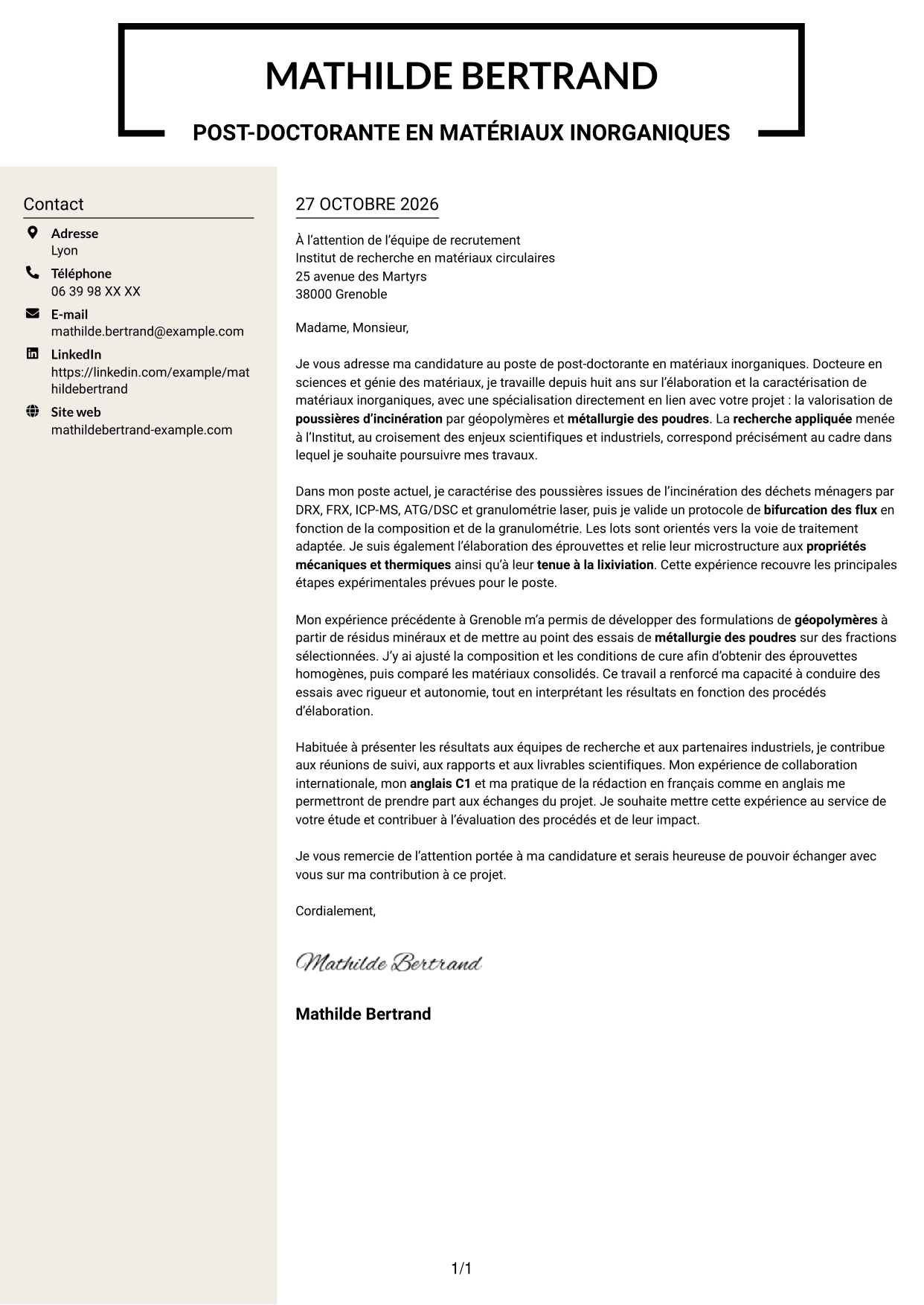 Lettre de motivation Fonceur (format à deux colonnes avec en-tête centré sans photo) : Post-doctorant en matériaux inorganiques - Valorisation des résidus d'incinération, page 1