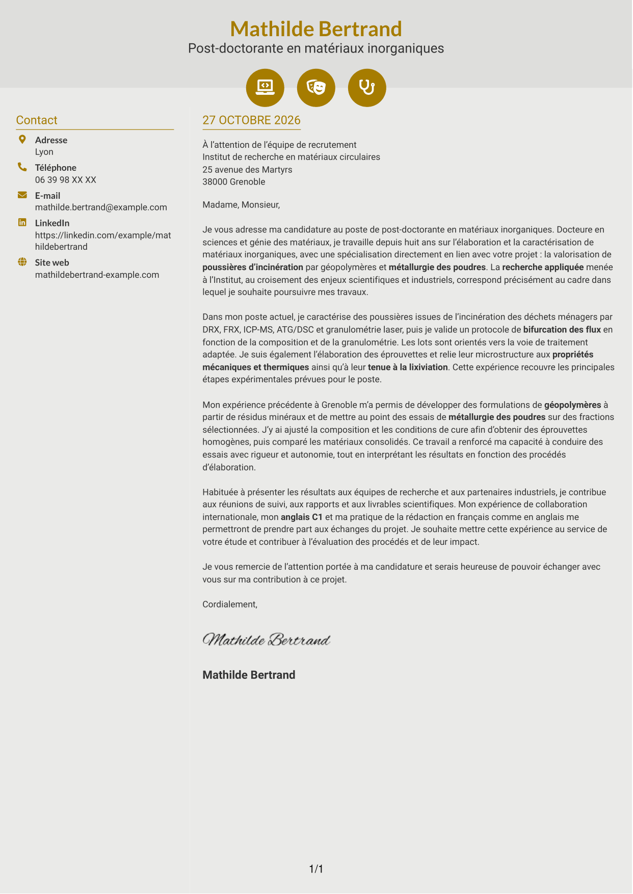 Lettre de motivation Dynamique (format à deux colonnes avec icônes) : Post-doctorant en matériaux inorganiques - Valorisation des résidus d'incinération, page 1