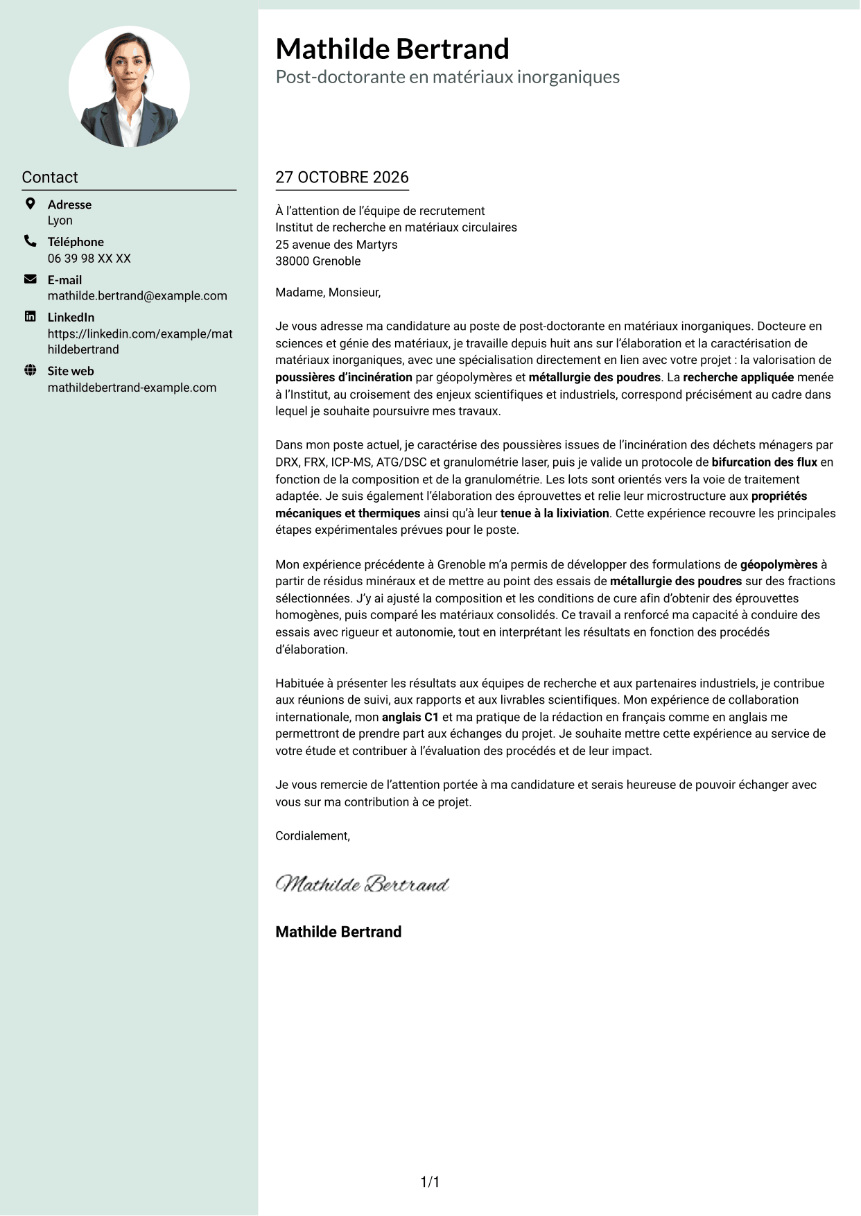 Lettre de motivation Cadre (format à colonne latérale douce avec photo arrondie) : Post-doctorant en matériaux inorganiques - Valorisation des résidus d'incinération, page 1