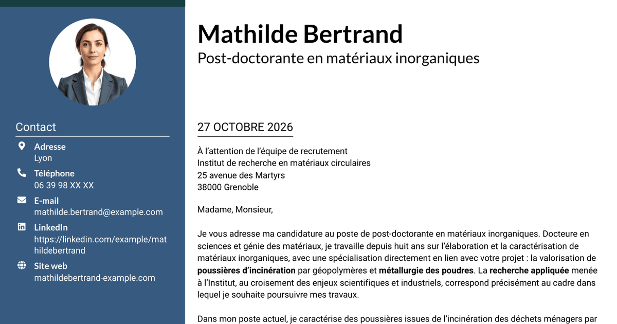 7 modèles de lettre de motivation pour Post-doctorant en matériaux inorganiques - Valorisation des résidus d'incinération, avec exemples