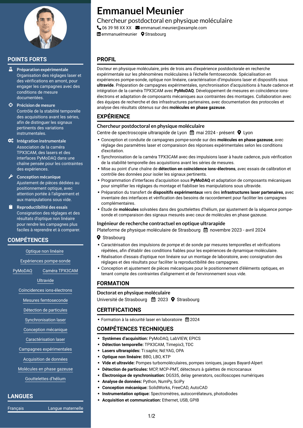 CV Élégant (format à colonne latérale colorée avec photo) : Post-doctorant en physique moléculaire - Dynamique en gouttelettes d’hélium, page 1