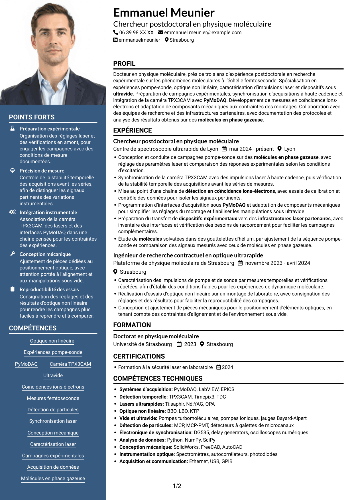 CV Signature (format à colonne latérale colorée avec grande photo) : Post-doctorant en physique moléculaire - Dynamique en gouttelettes d’hélium, page 1