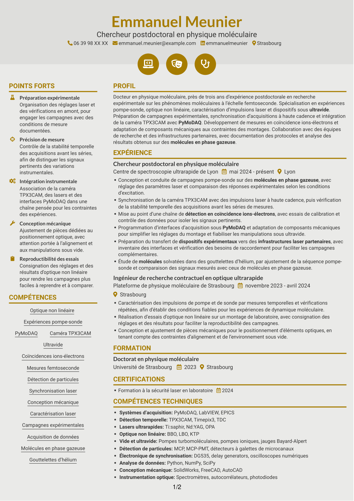 CV Dynamique (format à deux colonnes avec icônes) : Post-doctorant en physique moléculaire - Dynamique en gouttelettes d’hélium, page 1
