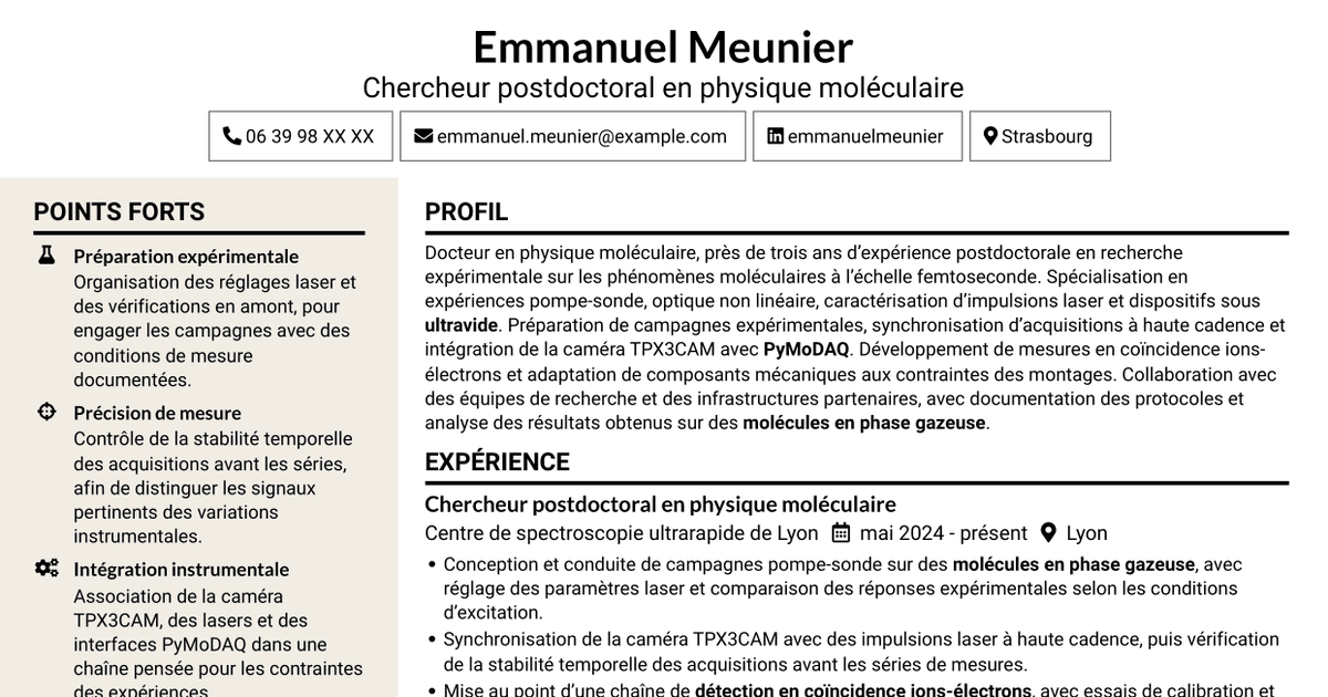 7 modèles de CV pour Post-doctorant en physique moléculaire - Dynamique en gouttelettes d’hélium, avec exemples
