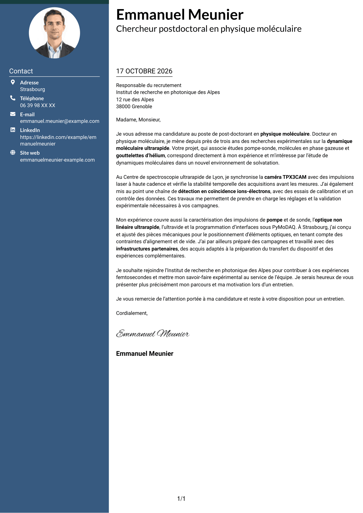 Lettre de motivation Élégant (format à colonne latérale colorée avec photo) : Post-doctorant en physique moléculaire - Dynamique en gouttelettes d’hélium, page 1