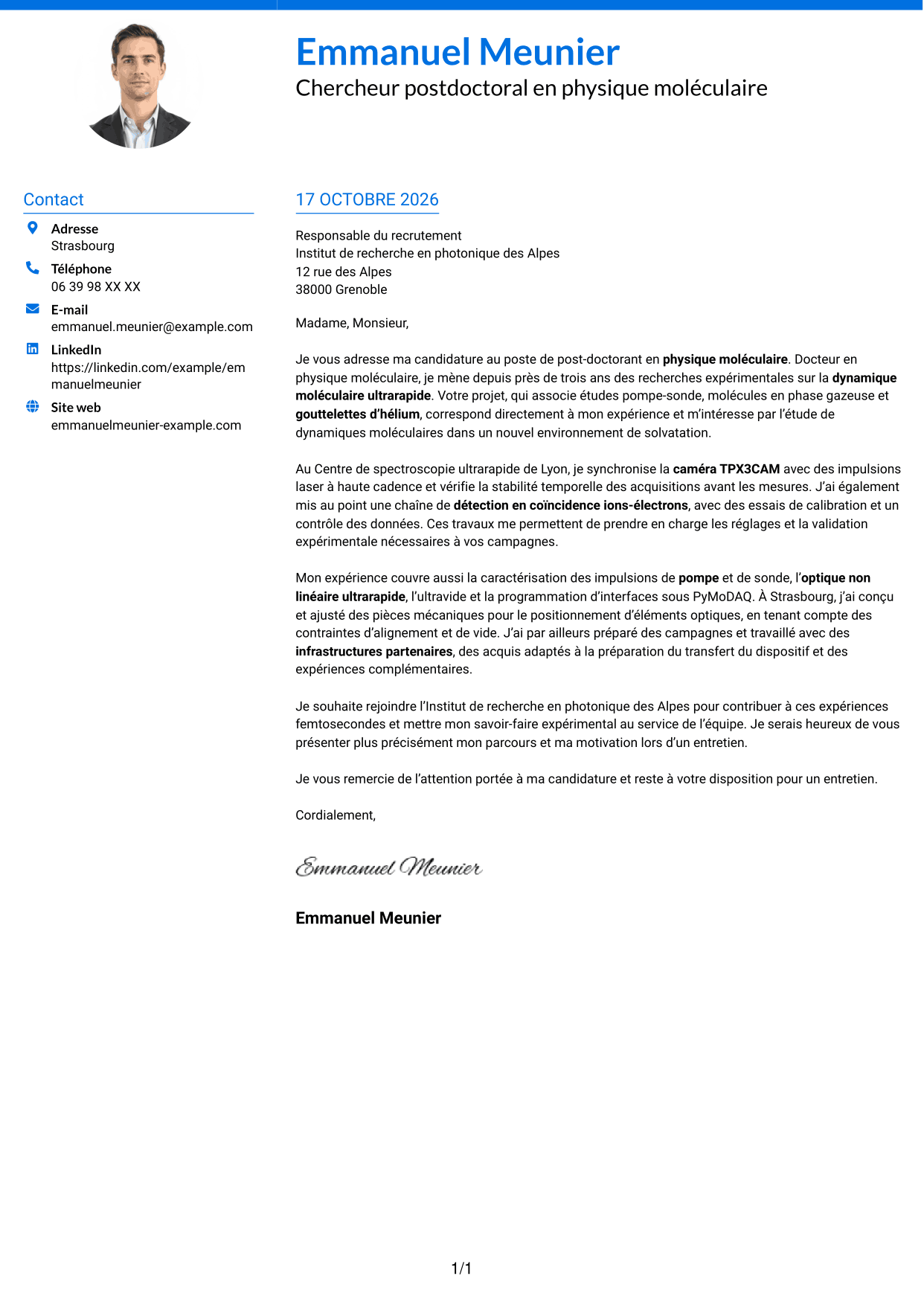 Lettre de motivation Audacieux (format à deux colonnes avec accents colorés et photo) : Post-doctorant en physique moléculaire - Dynamique en gouttelettes d’hélium, page 1