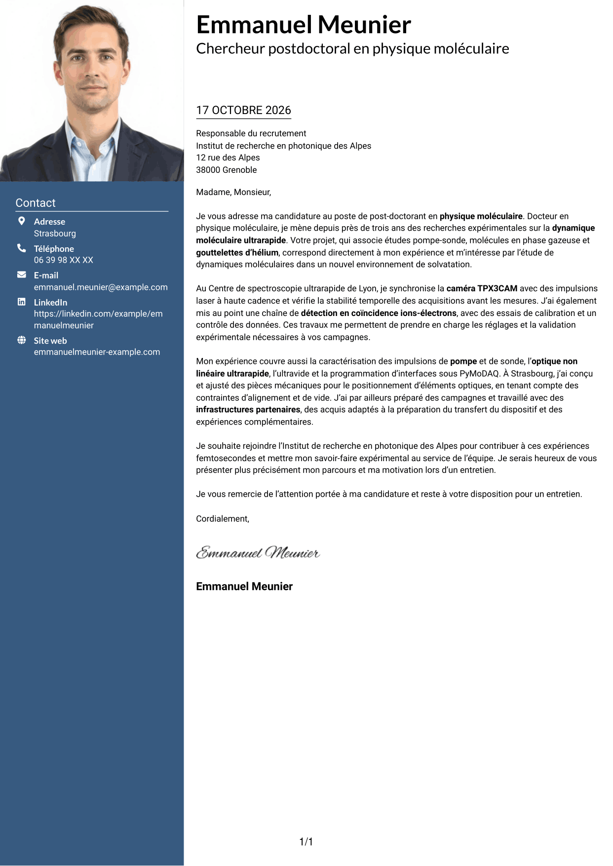 Lettre de motivation Signature (format à colonne latérale colorée avec grande photo) : Post-doctorant en physique moléculaire - Dynamique en gouttelettes d’hélium, page 1