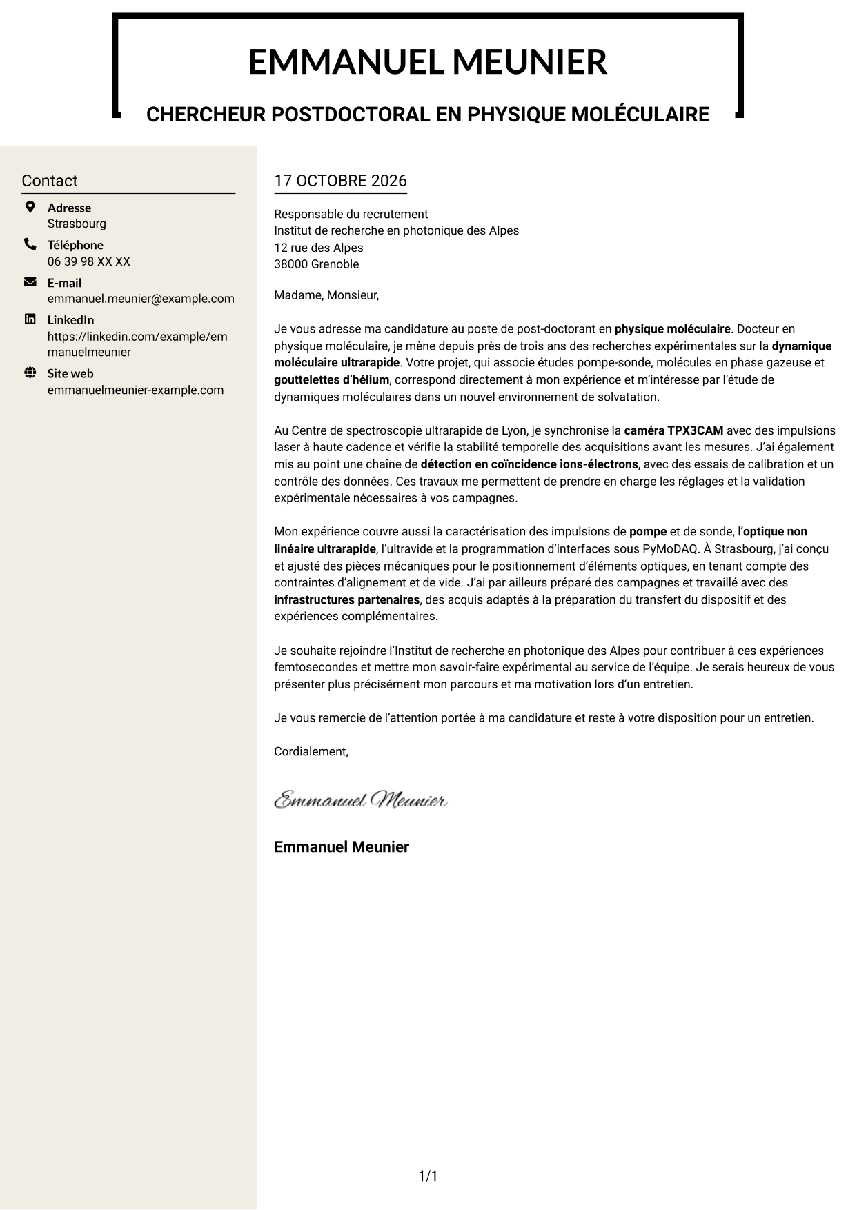 Lettre de motivation Fonceur (format à deux colonnes avec en-tête centré sans photo) : Post-doctorant en physique moléculaire - Dynamique en gouttelettes d’hélium, page 1