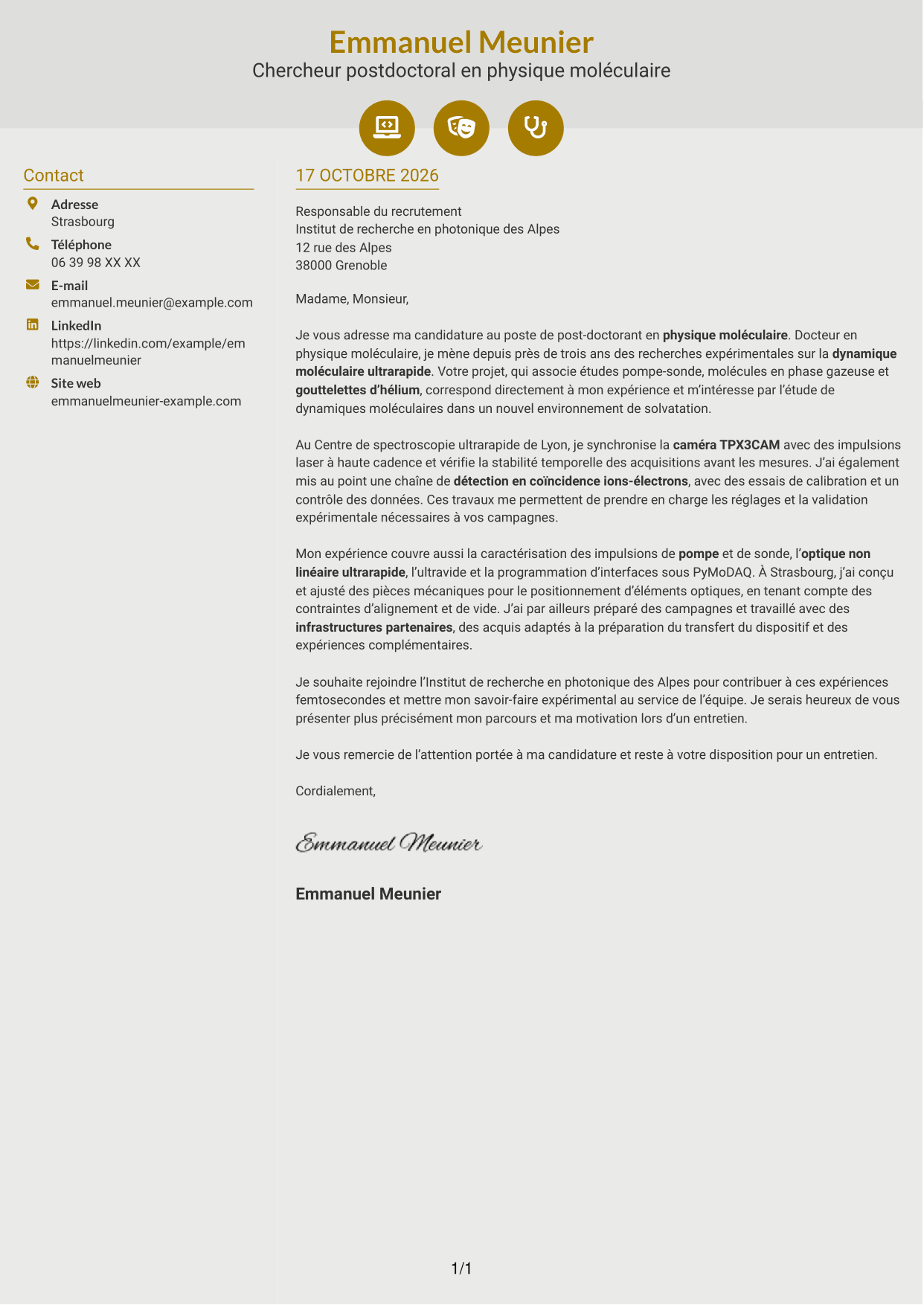 Lettre de motivation Dynamique (format à deux colonnes avec icônes) : Post-doctorant en physique moléculaire - Dynamique en gouttelettes d’hélium, page 1