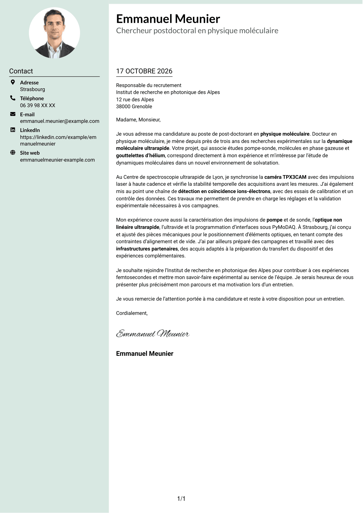 Lettre de motivation Cadre (format à colonne latérale douce avec photo arrondie) : Post-doctorant en physique moléculaire - Dynamique en gouttelettes d’hélium, page 1