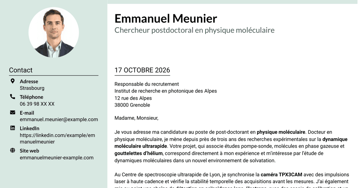 7 modèles de lettre de motivation pour Post-doctorant en physique moléculaire - Dynamique en gouttelettes d’hélium, avec exemples