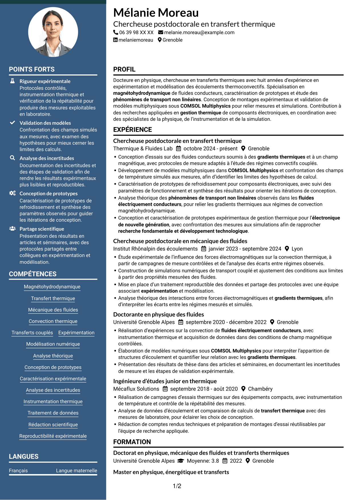 CV Élégant (format à colonne latérale colorée avec photo) : Post-doctorant - Magnétohydrodynamique et transfert thermique, page 1