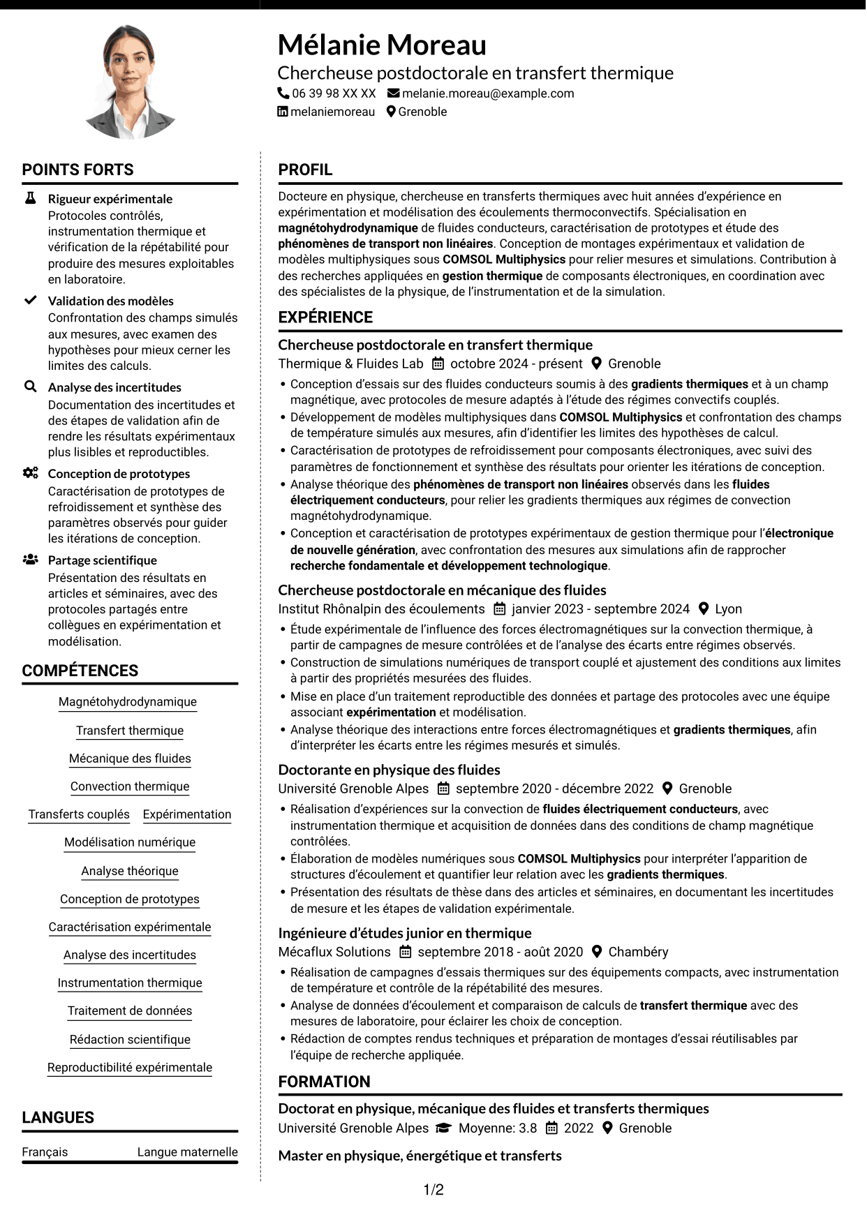 CV Moderne (format à deux colonnes avec photo à gauche et séparateur) : Post-doctorant - Magnétohydrodynamique et transfert thermique, page 1