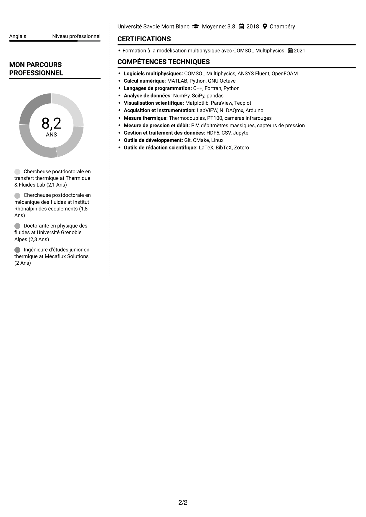 CV Moderne (format à deux colonnes avec photo à gauche et séparateur) : Post-doctorant - Magnétohydrodynamique et transfert thermique, page 2