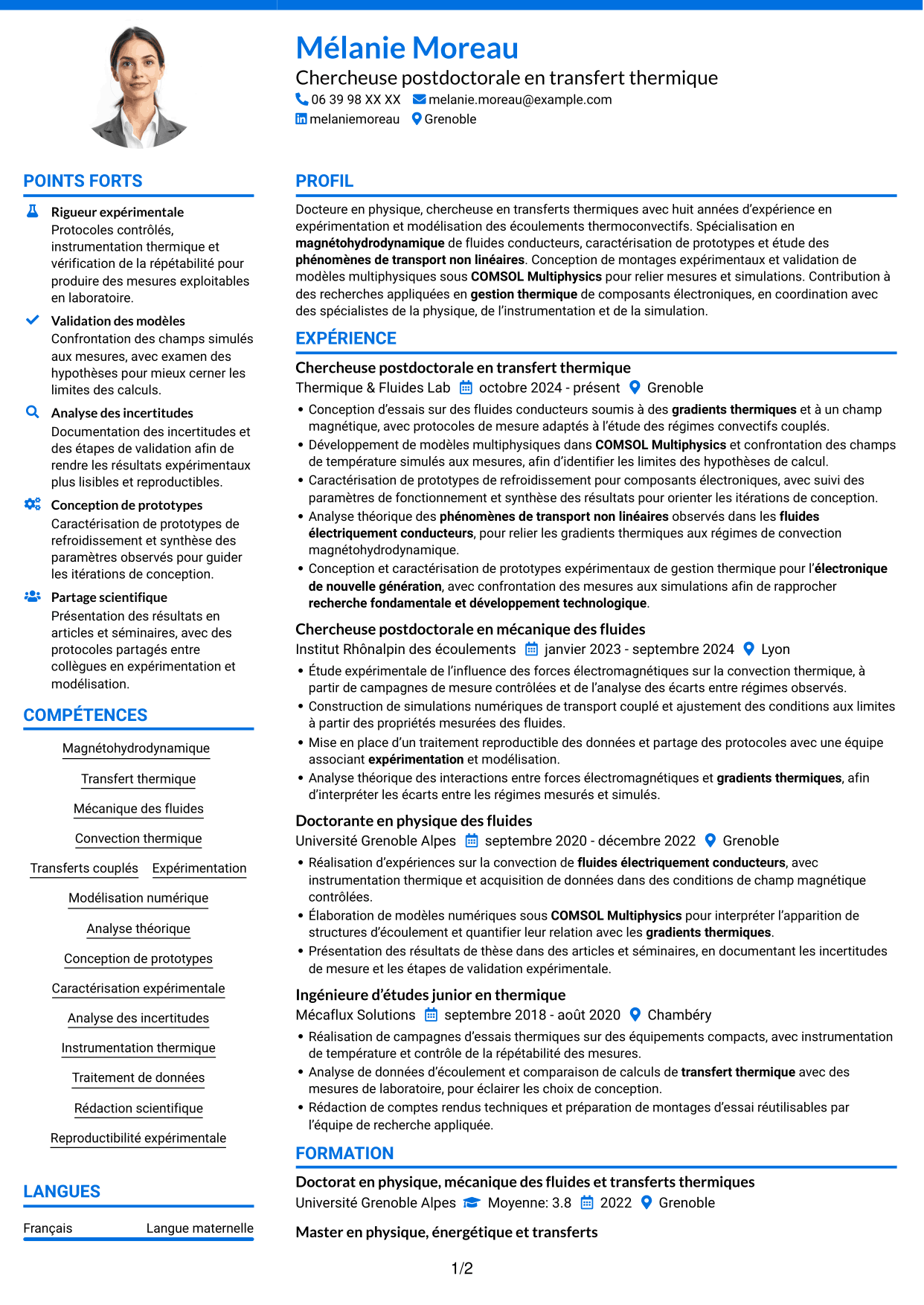 CV Audacieux (format à deux colonnes avec accents colorés et photo) : Post-doctorant - Magnétohydrodynamique et transfert thermique, page 1
