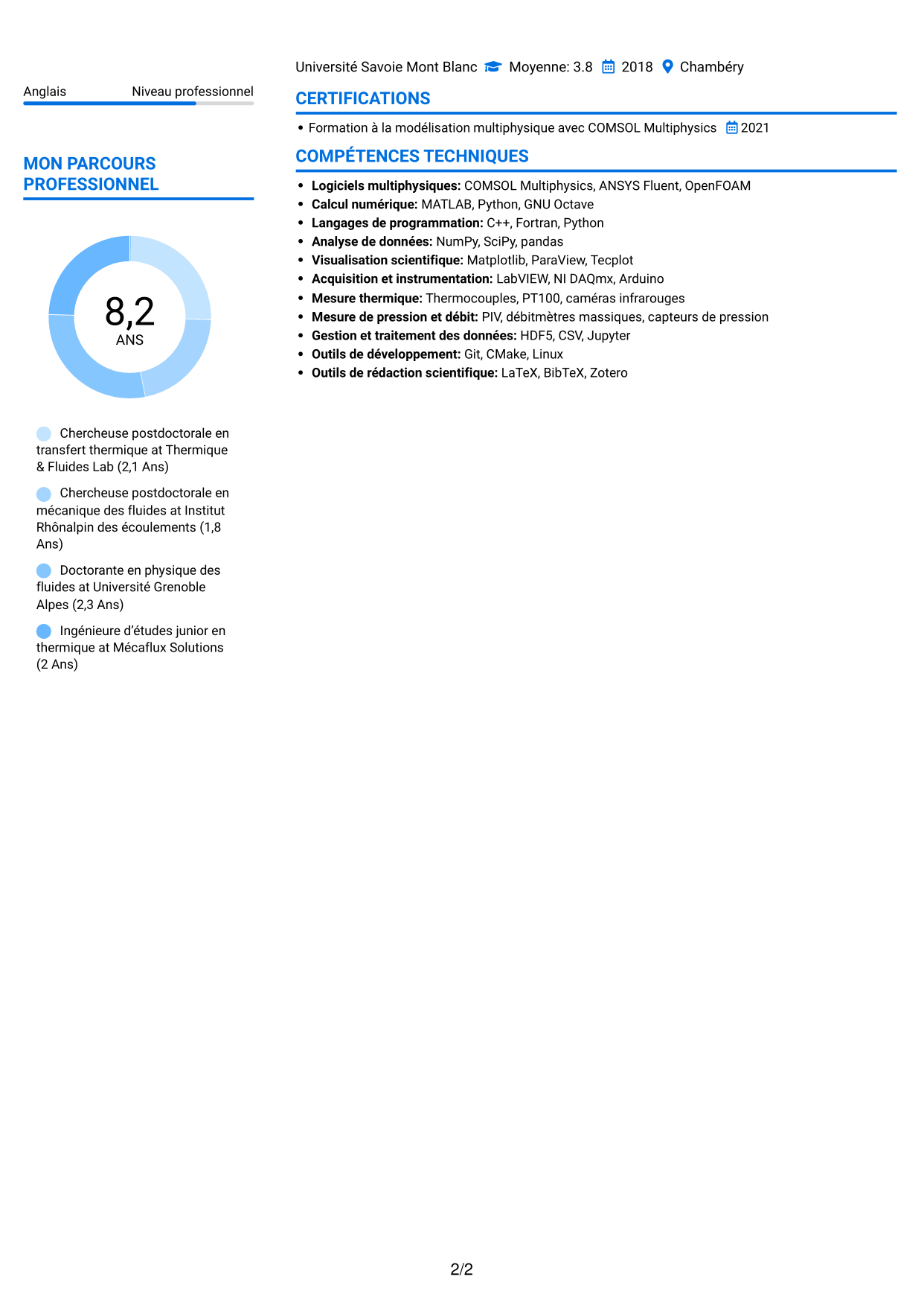 CV Audacieux (format à deux colonnes avec accents colorés et photo) : Post-doctorant - Magnétohydrodynamique et transfert thermique, page 2
